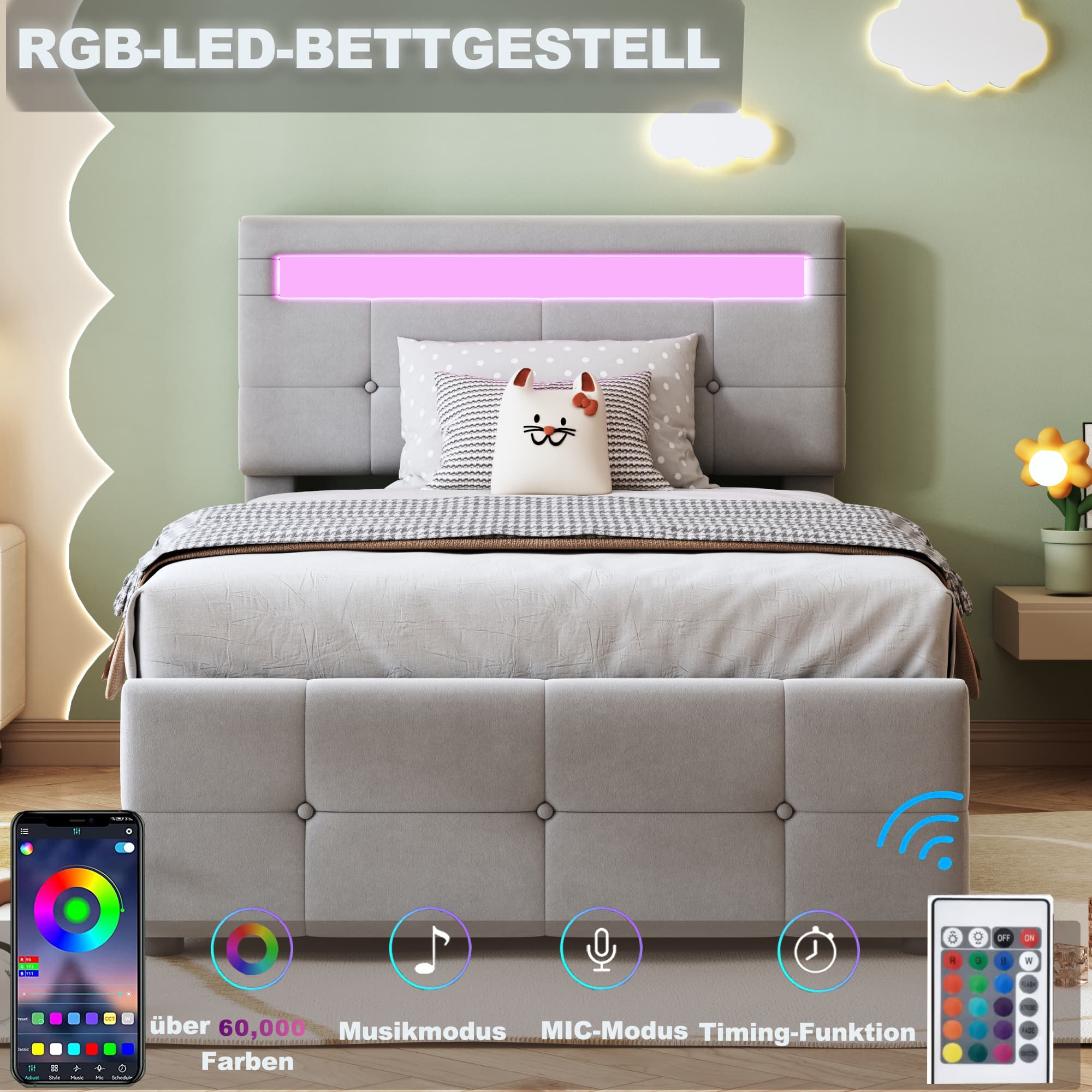 سرير أطفال مطرز 90x200 سم، مع الإضاءة LED، سرير تخزين هيدروليكي، رأس السرير قابل للتعديل في الارتفاع، سرير صندوق مرتفع واحد، قماش منسوج، G