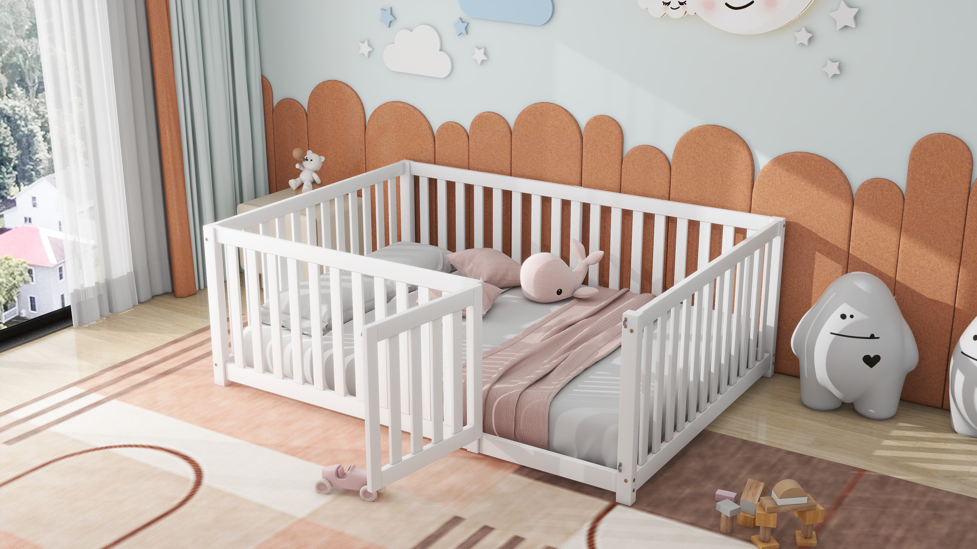 Kinderbett 140 x 200 aus Holz mit Gitter und Tür, Weiß