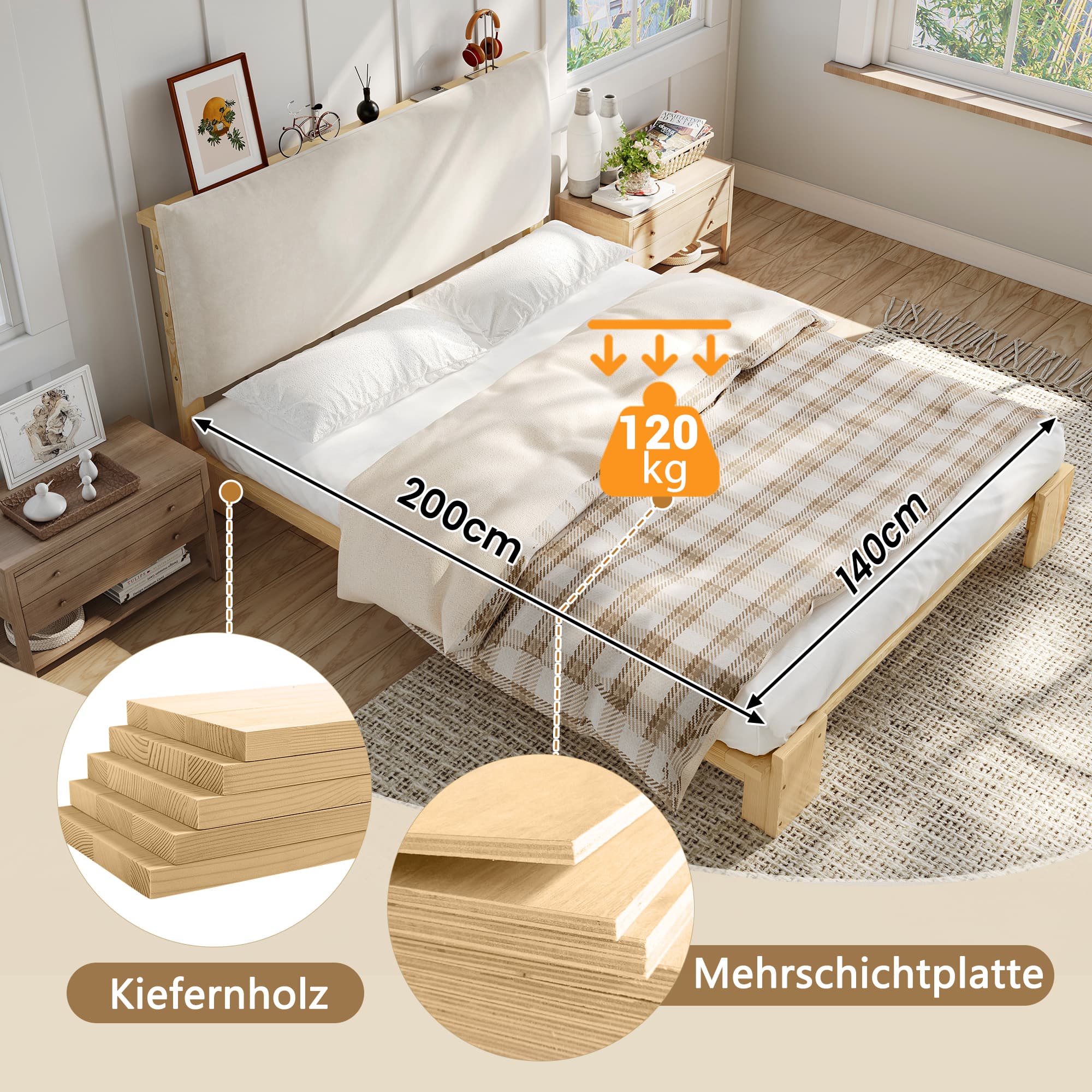 Gepolstertes Einzelbett 140x200 cm aus Kiefer