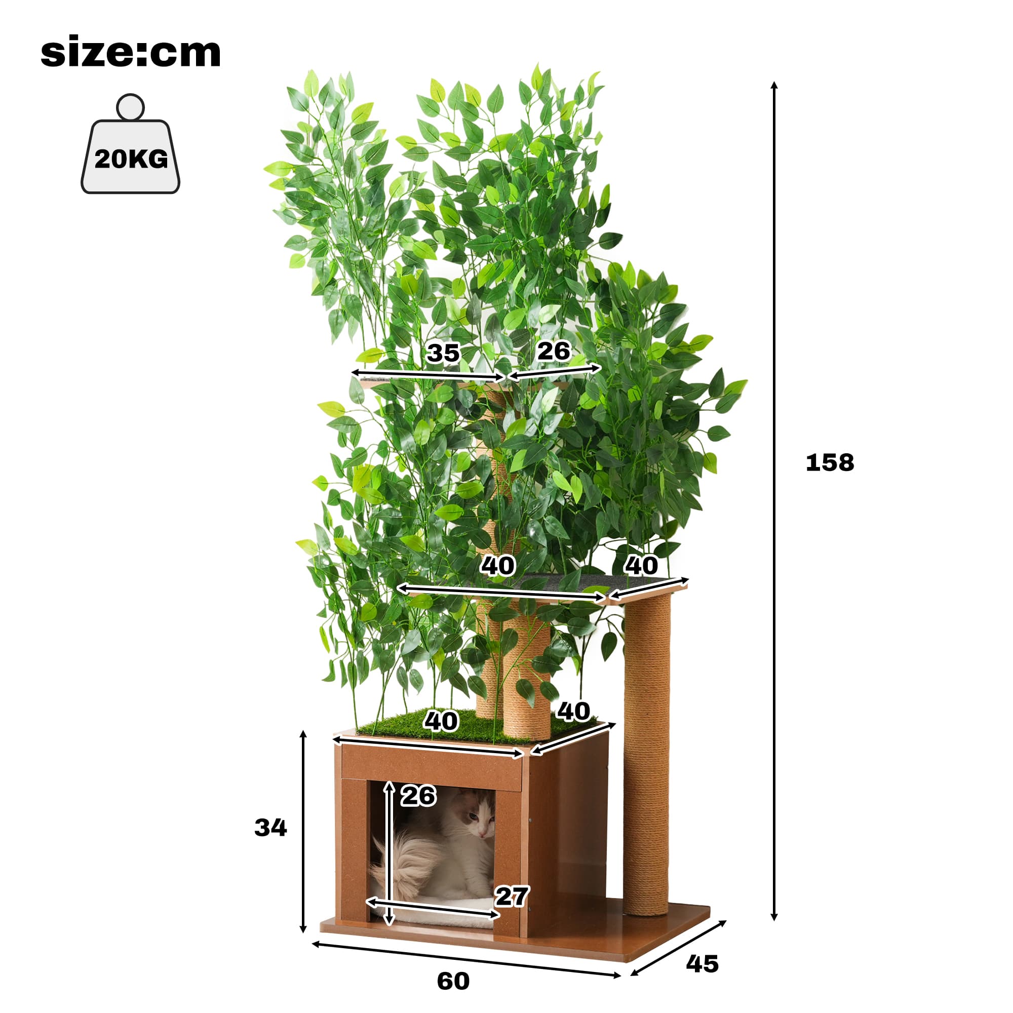 Árbol rascador en forma de árbol 158 cm, tres plataformas y cueva