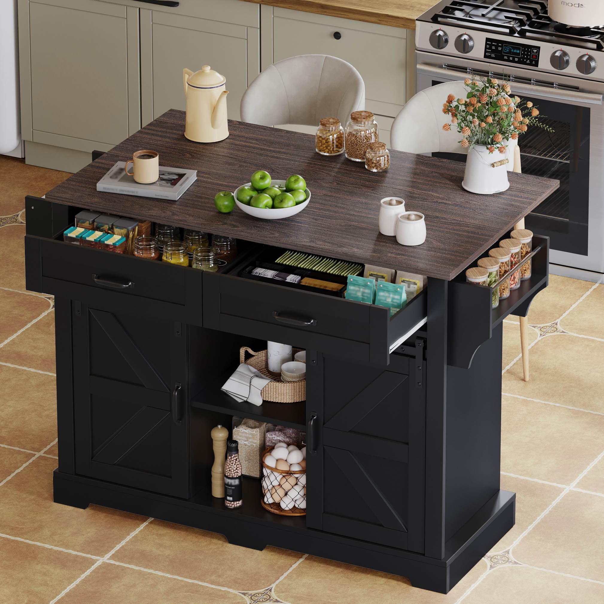 Kitchen Island with Folding Countertop and Wheels
