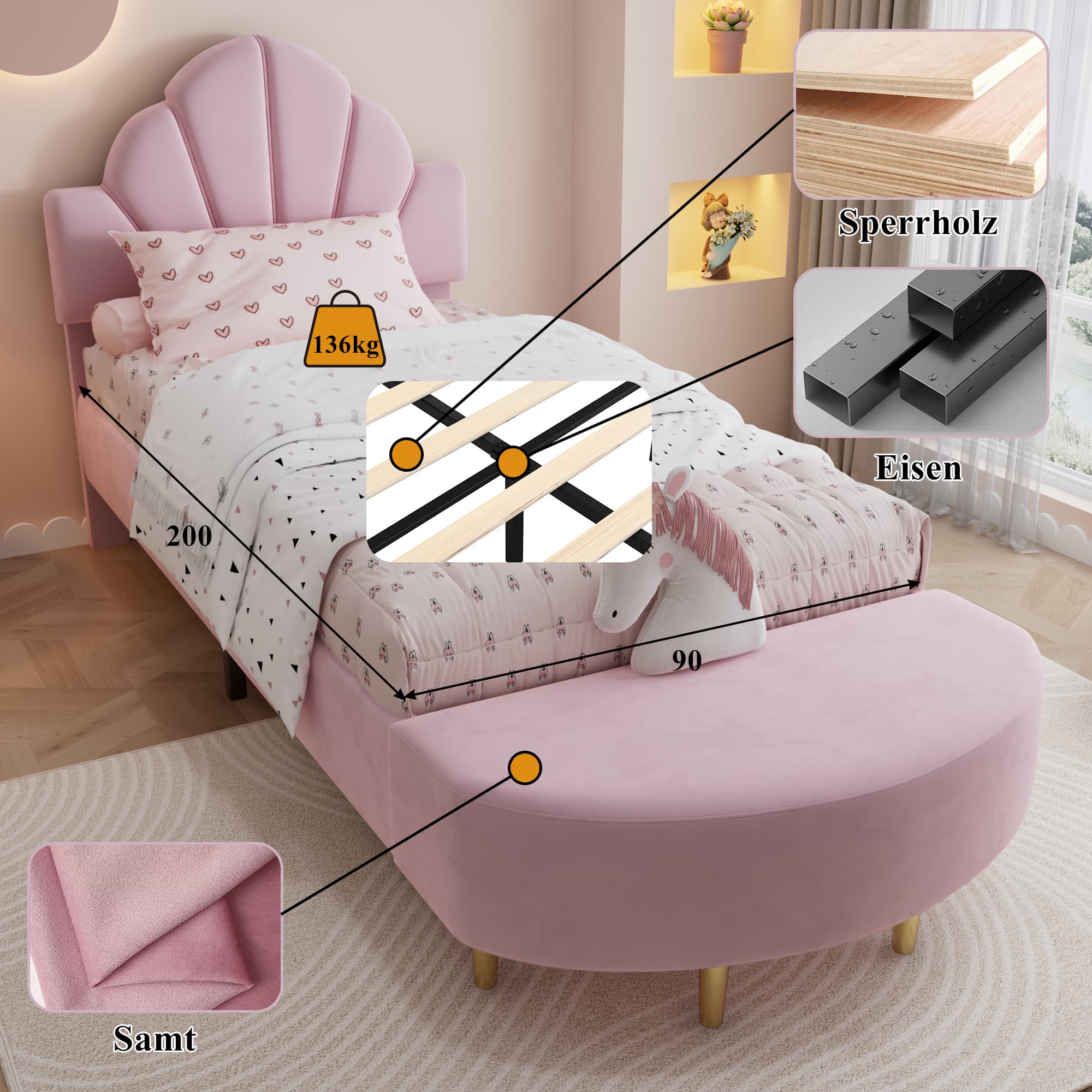 Gepolstertes Einzelbett aus Samt in Rosa mit Bank
