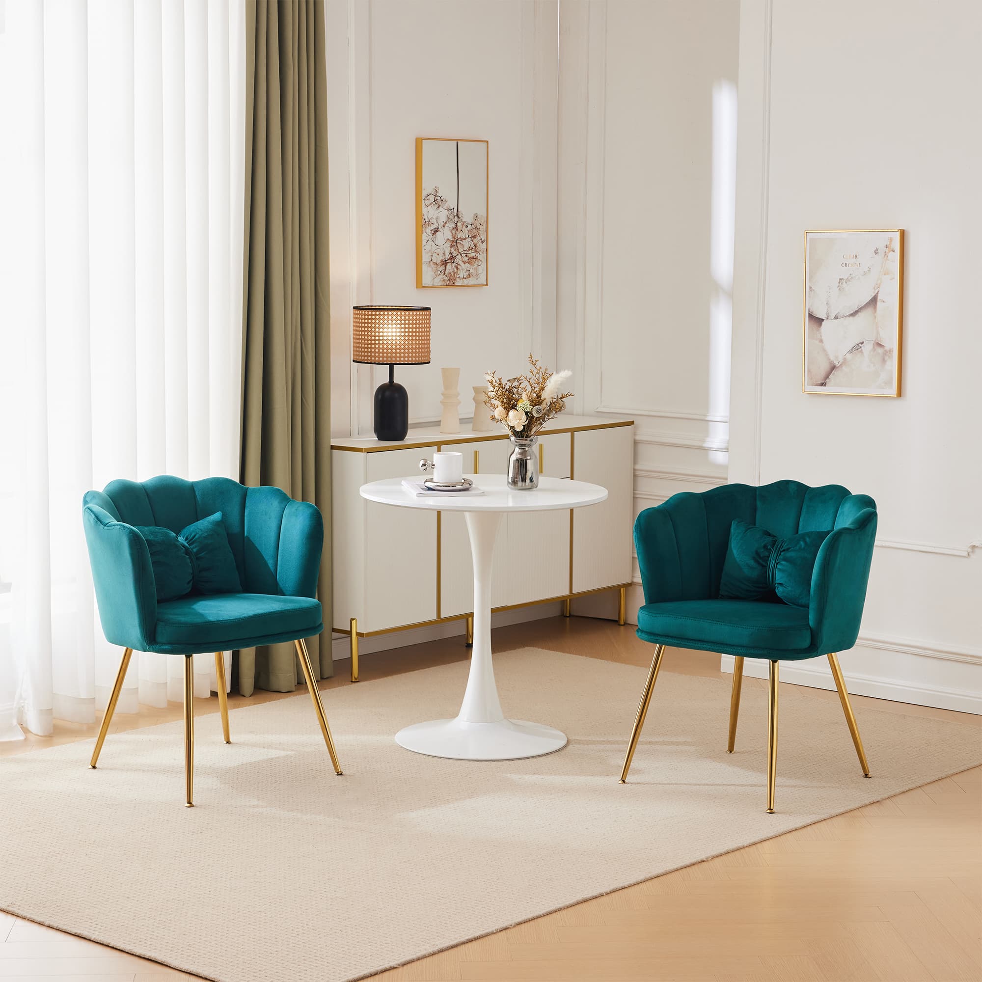 2er-Set Samtpolsterstühle mit Blütenrücken und Goldmetallbeinen