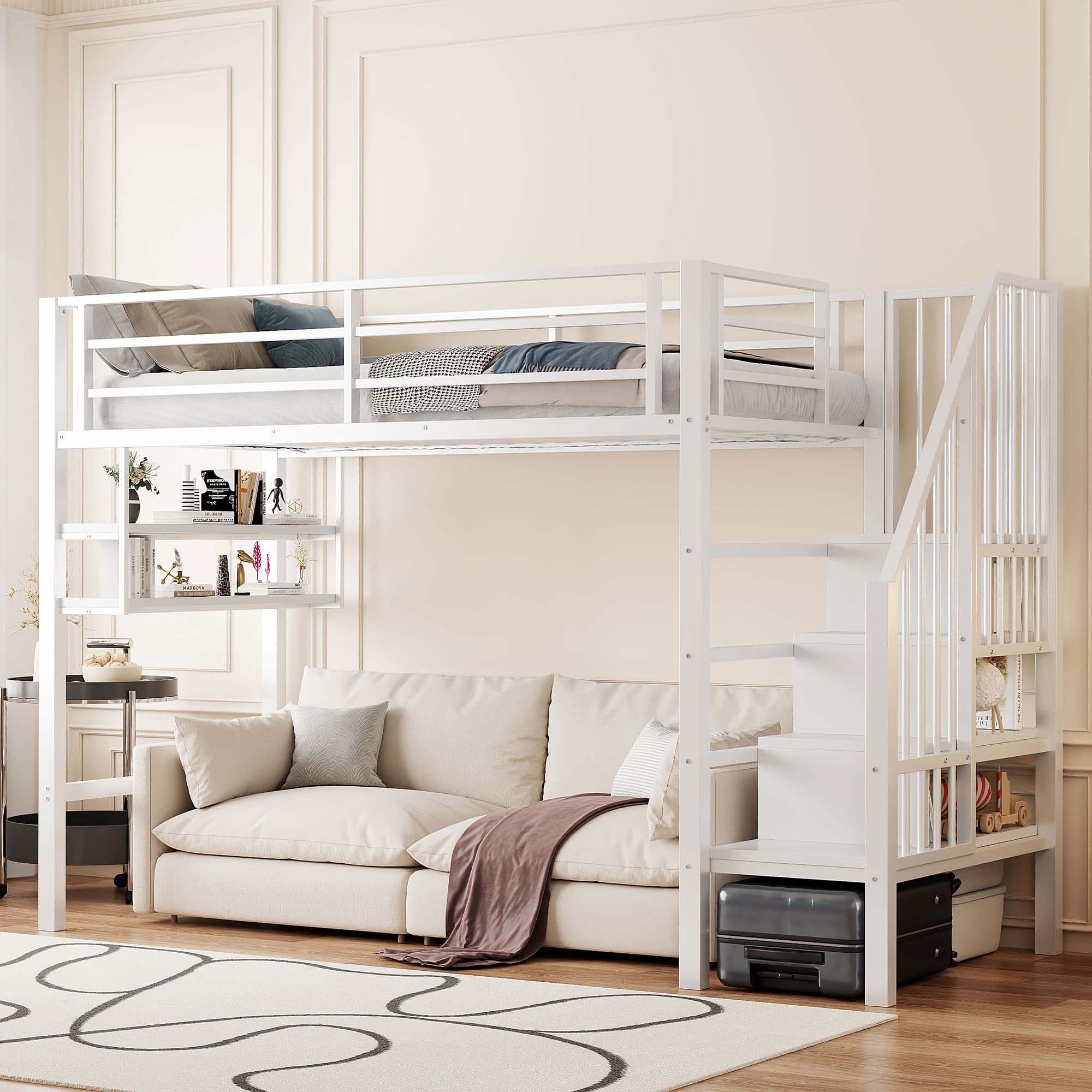 Hochbett 90x200 cm mit Regalen und Leiter weiß