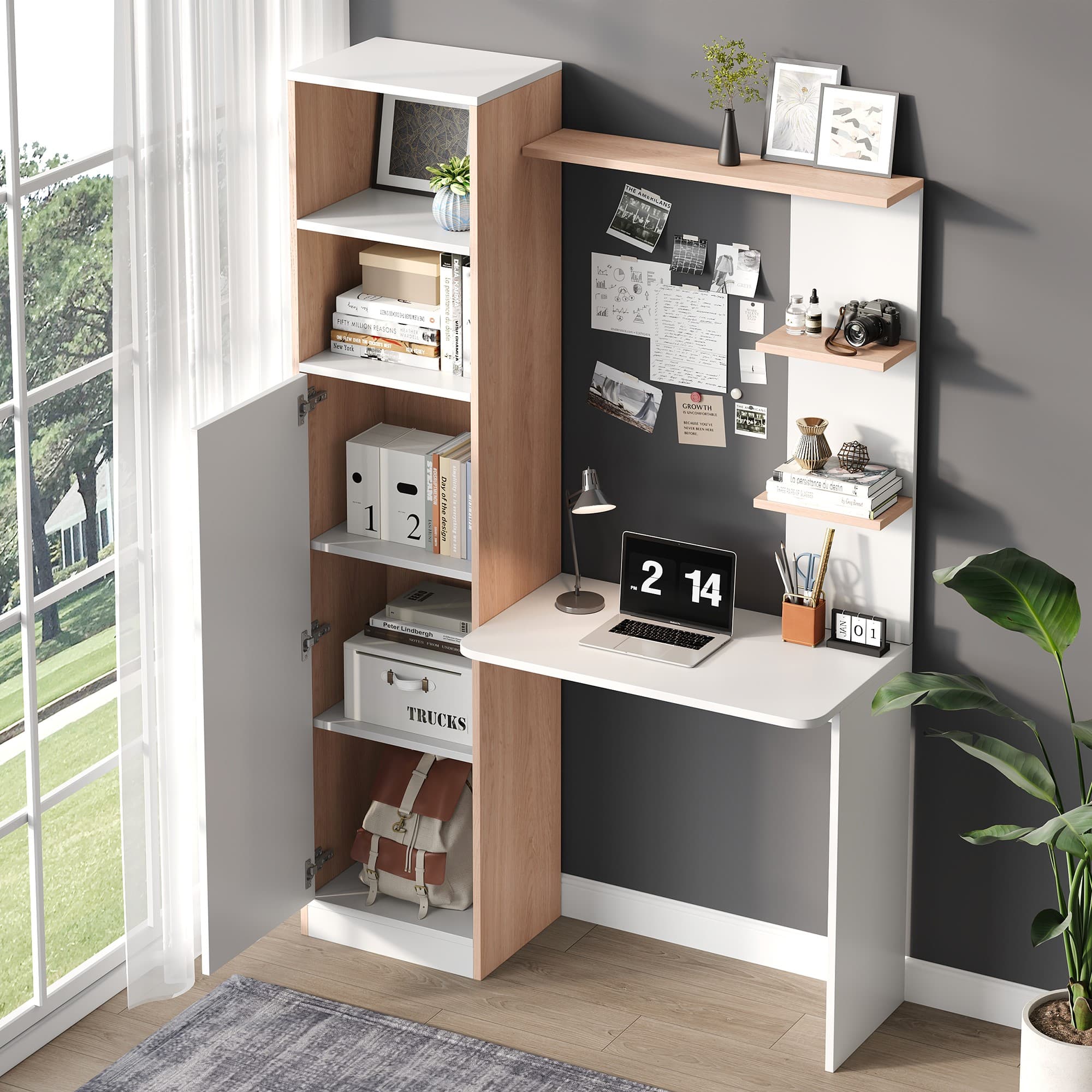 Bureau avec rangement, blanc et bois