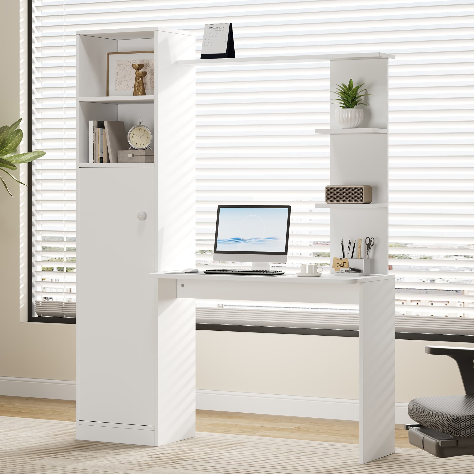 Bureau moderne avec armoire et compartiment de rangement, blanc