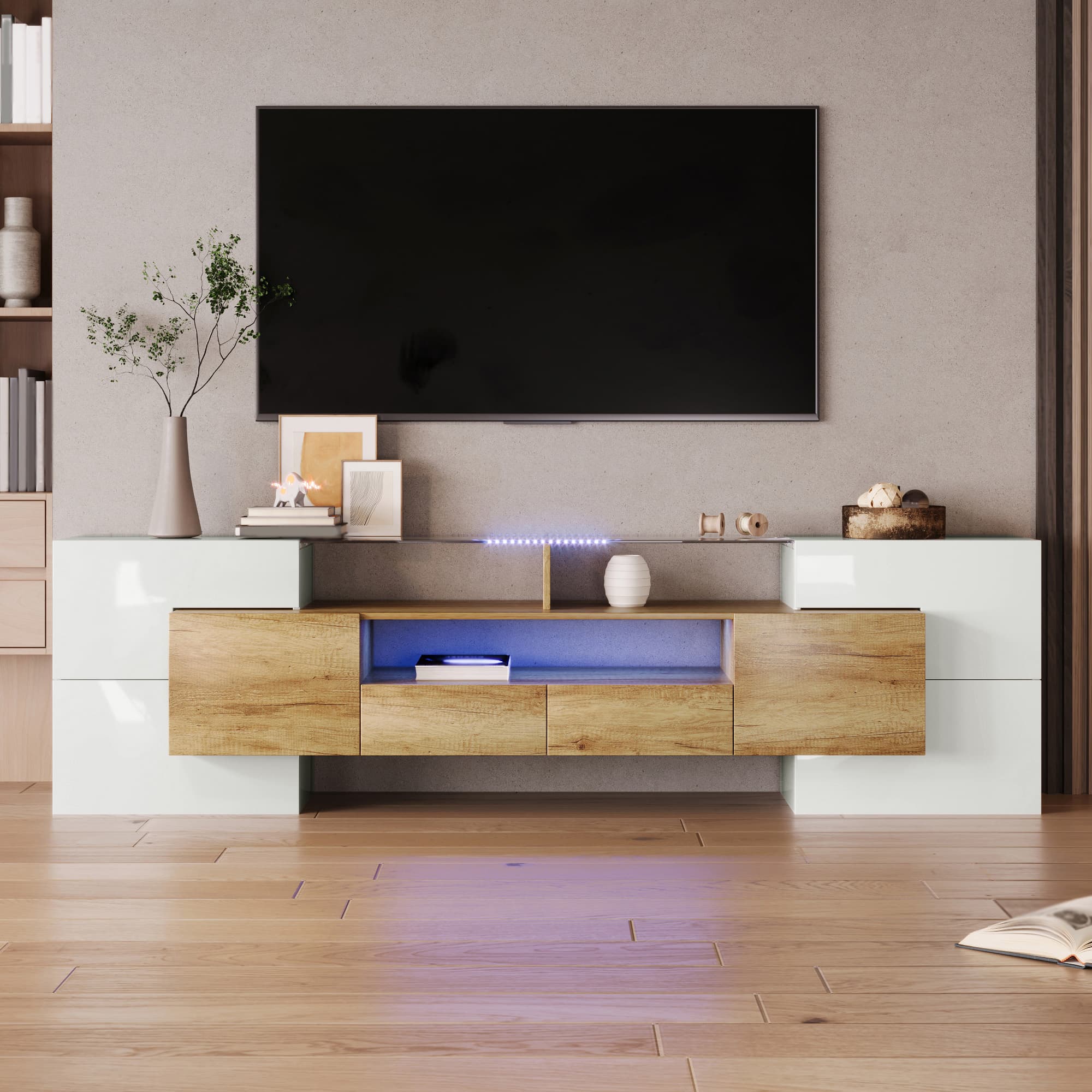 Stylish TV Cabinet, Lowboard.high-gloss White, 200 Cm, LED Lighting, Living Room Furniture. Modern Design. Elegant Glass Surface.