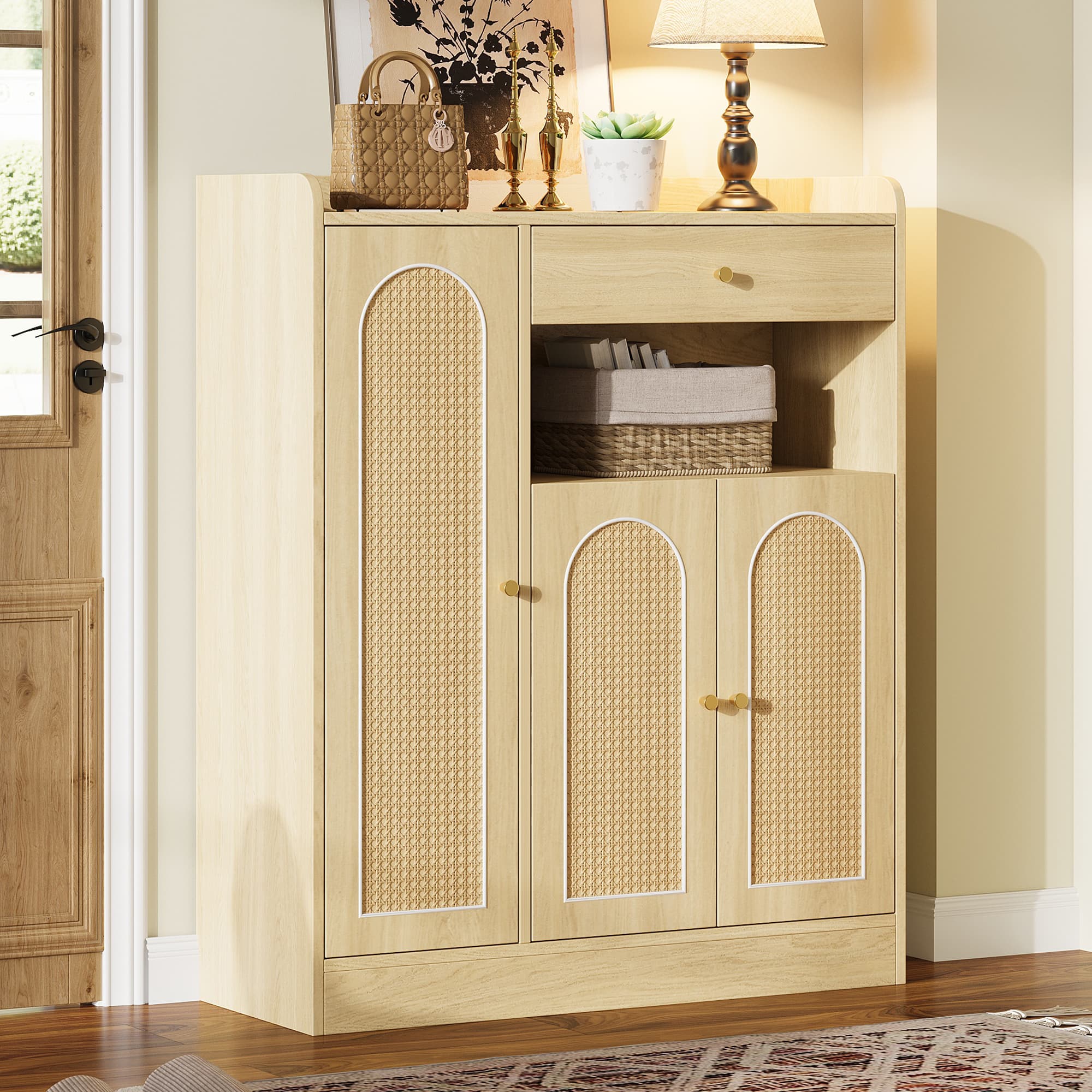 Rattan Schuhschrank Schublade drei Türen