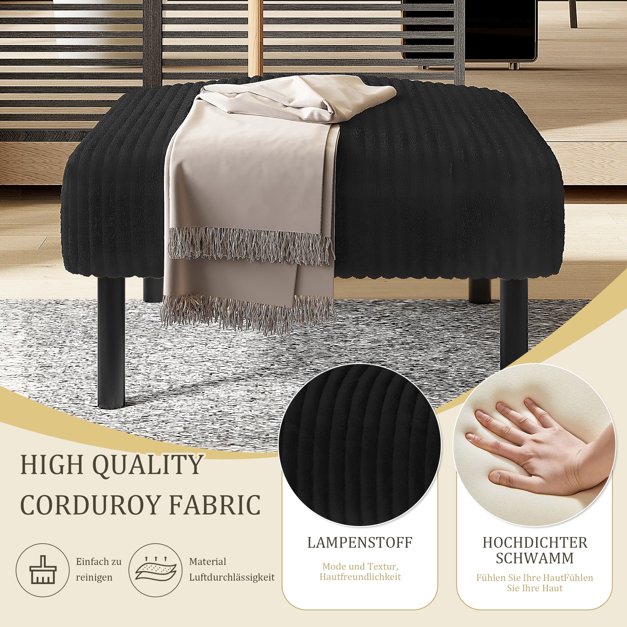 Hocker mit Cordbezug und Metallgestell