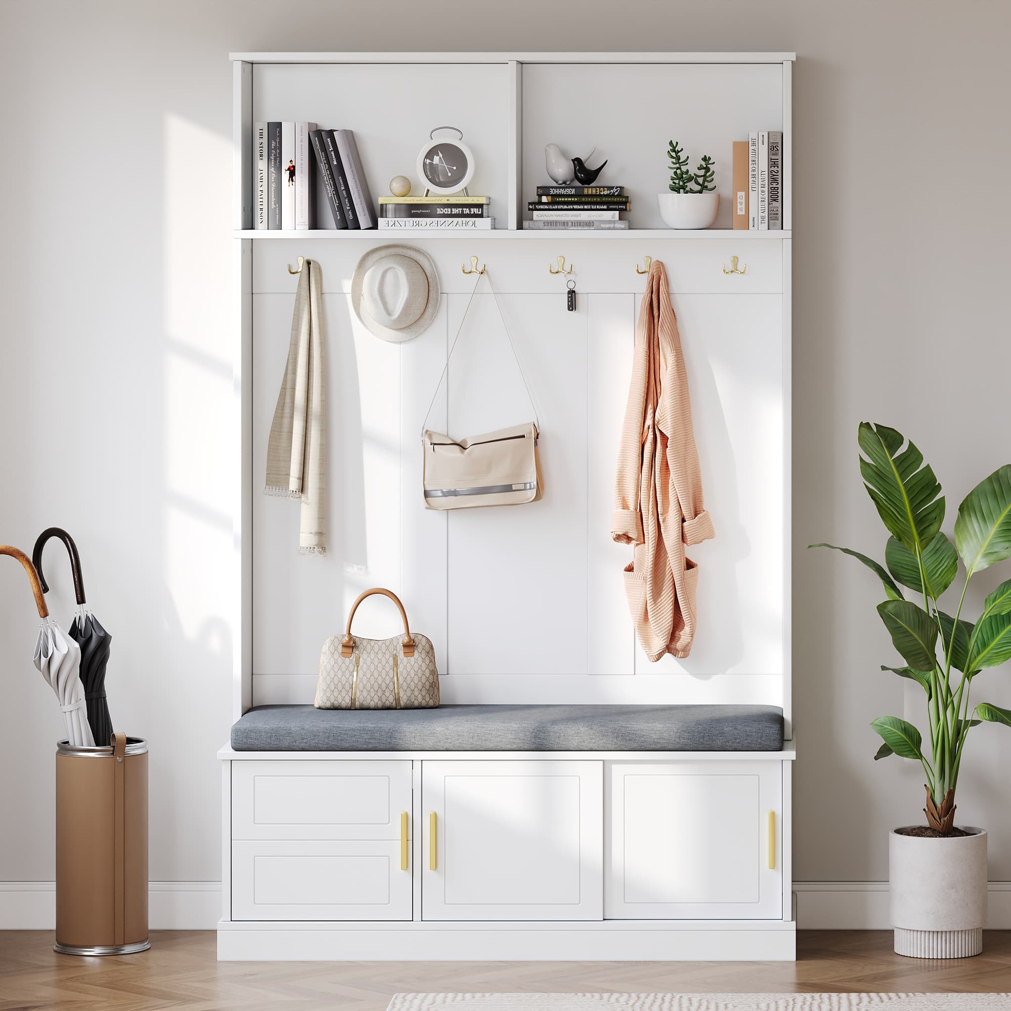 Coat Rack mit Schuhbank, 6 Doppelhaken, Freistehend, Platzsparend, Weiß, 120x40x191cm