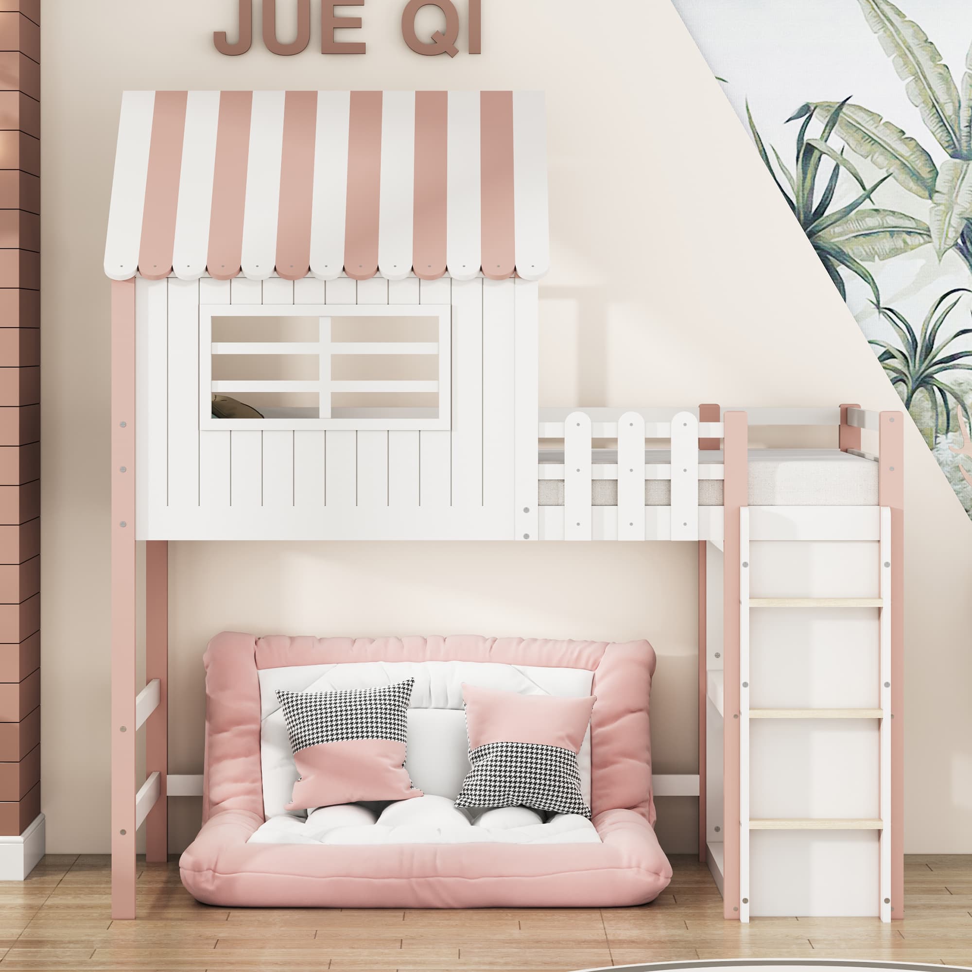 Kinderbett 90x200 cm Hochbett mit Dachform und Leiter