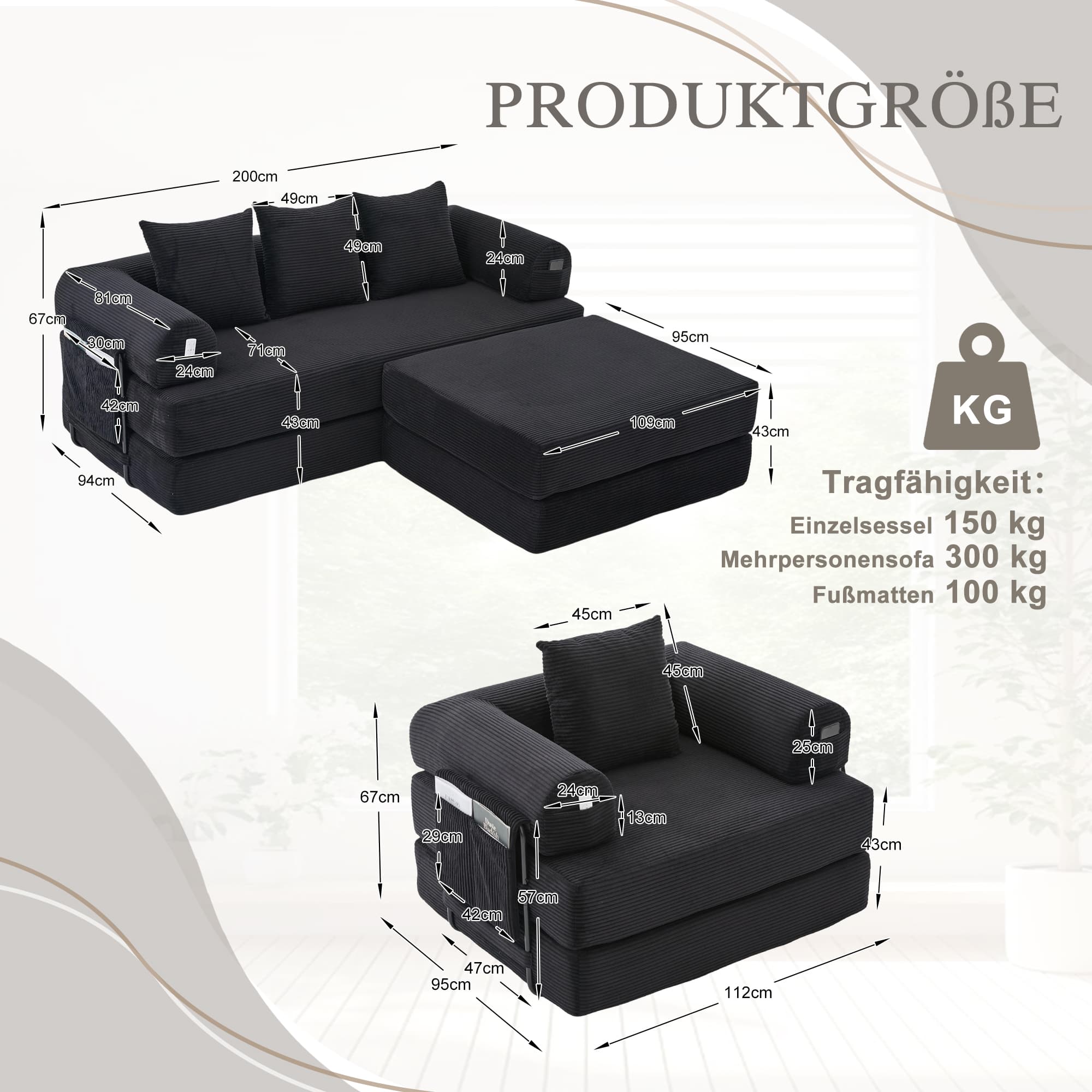 Modulares 4-Sitzer Corduroy Kompressionssofa mit Metallrahmen, Seitentasche und 4 bequemen Kissen