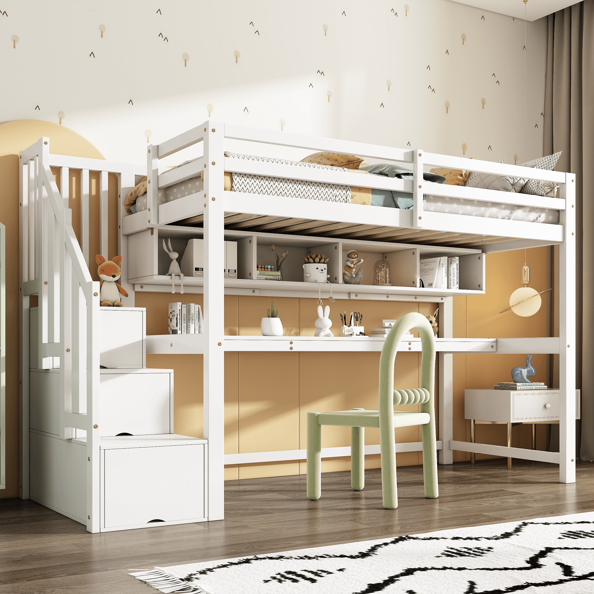 Kinder-Hochbett 90x200 cm mit Treppe, Schreibtisch, Regalen, weiß