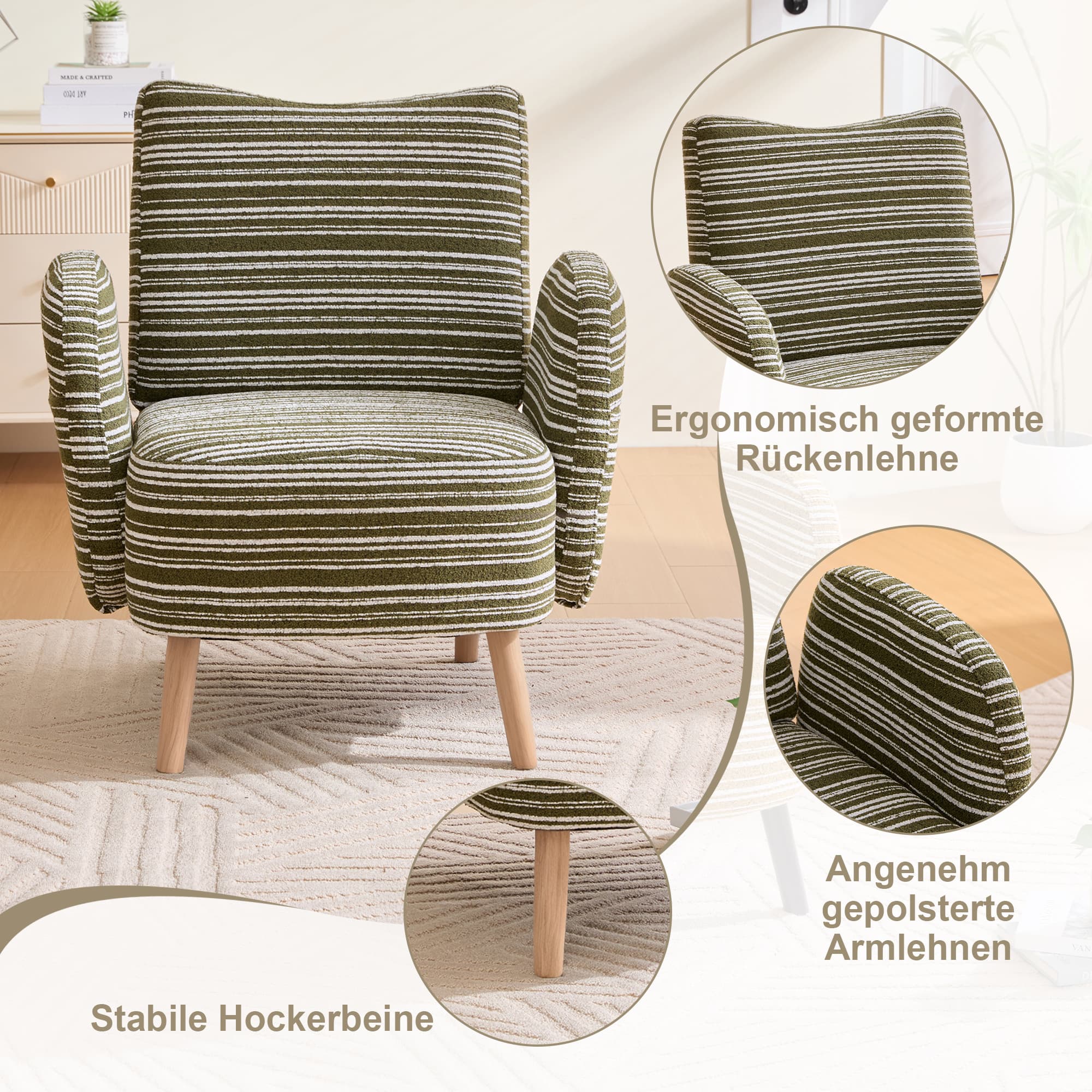 Modernes Armchair mit Kreis-Muster, Seitentasche, Massivholzbeine, bequem zum Lesen, Wohnzimmer, Schlafzimmer, Arbeitszimmer in Olivgrün