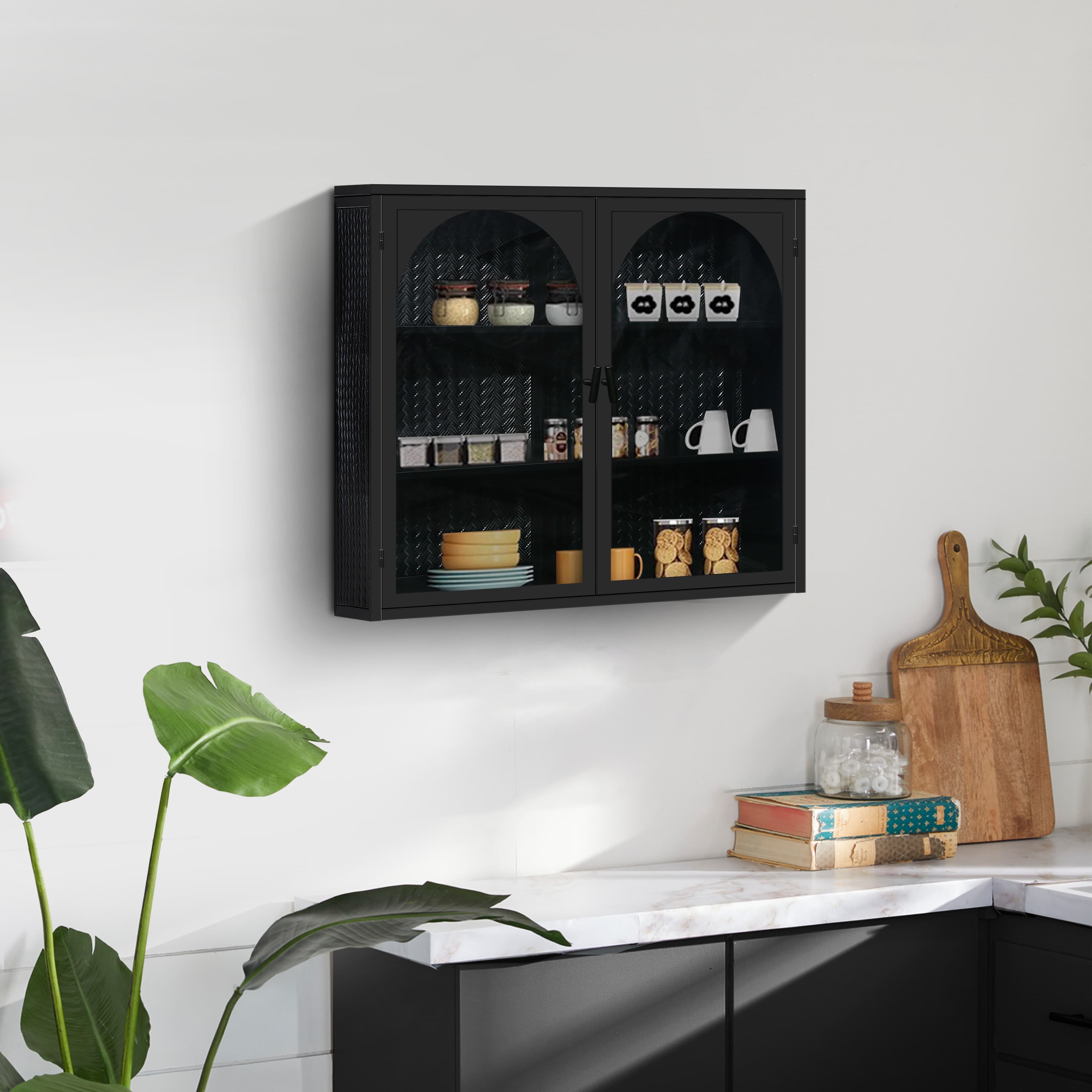 Moderner Wandschrank mit 2 Glastüren und 3 Fächern, Schwarz