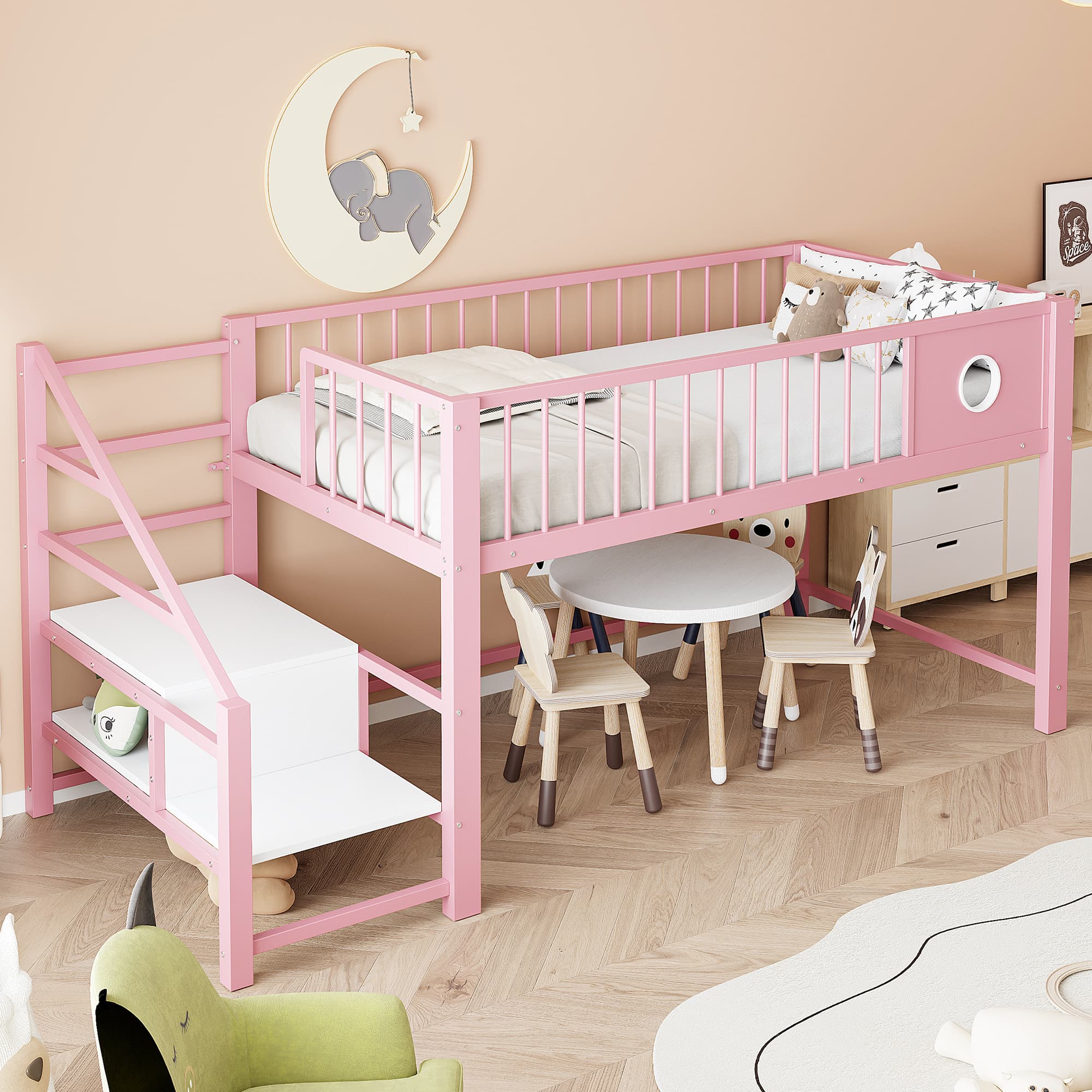 Niedriges Hochbett 90 x 200 cm mit Leiter