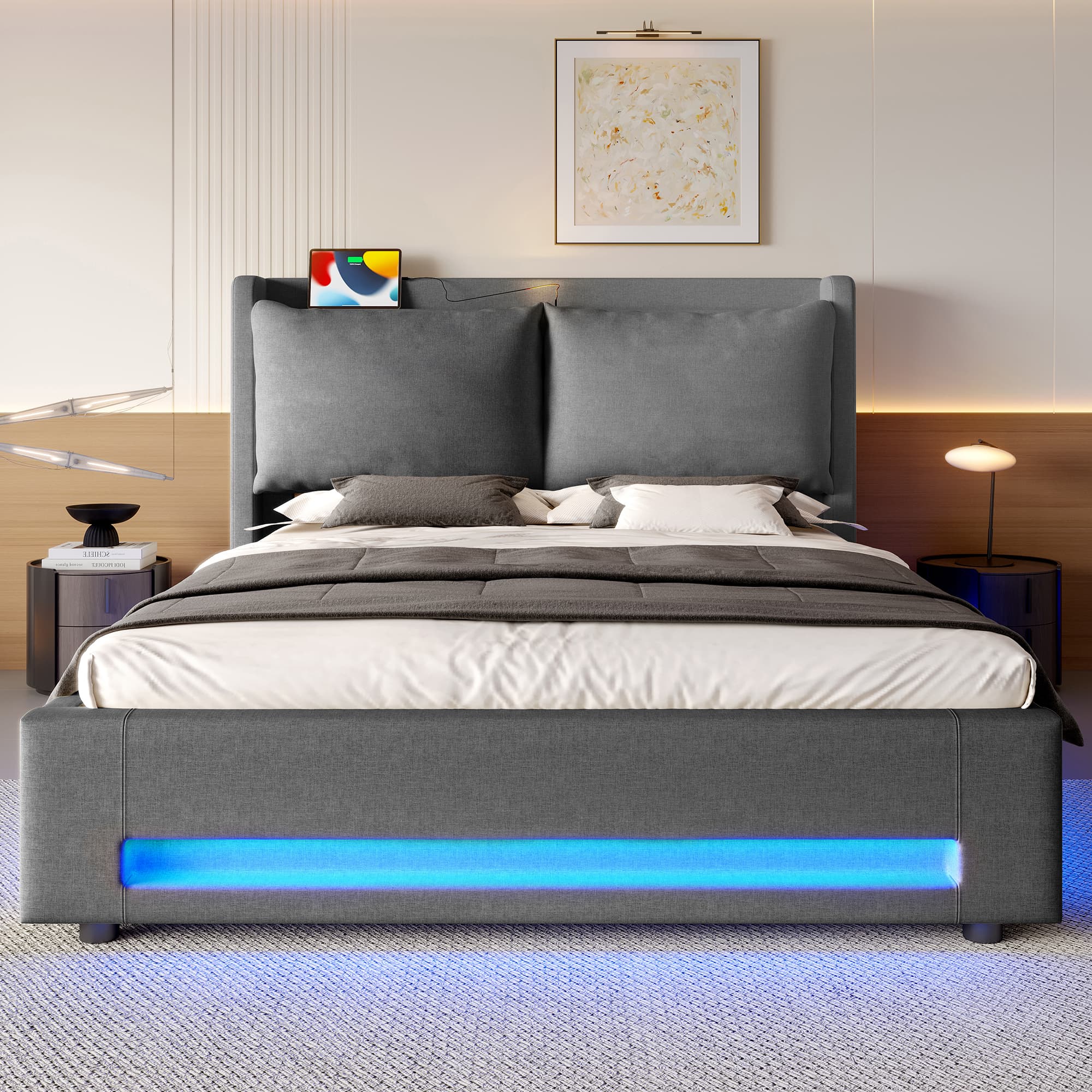 Modern Upholstered Bed With Stylish Headboard, Practical Storage Space, USB-C Ports, Ambient LED Lighting, Removable Cushions And Integrated Dust Prot