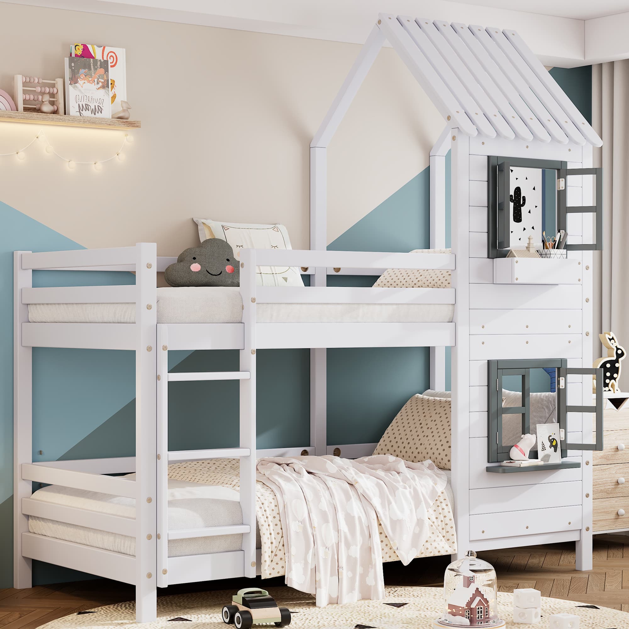 Weißes Hausbett mit Rausfallschutz und Fenster 90x200 cm