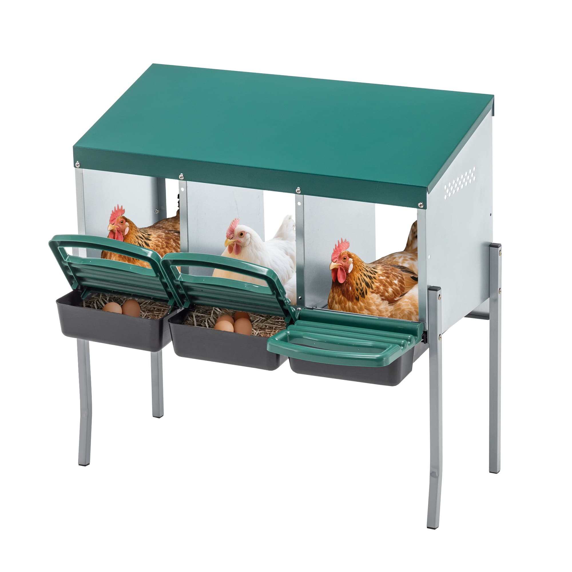 Hühner-Nestkasten mit 3 Nestern und Beinen, grün