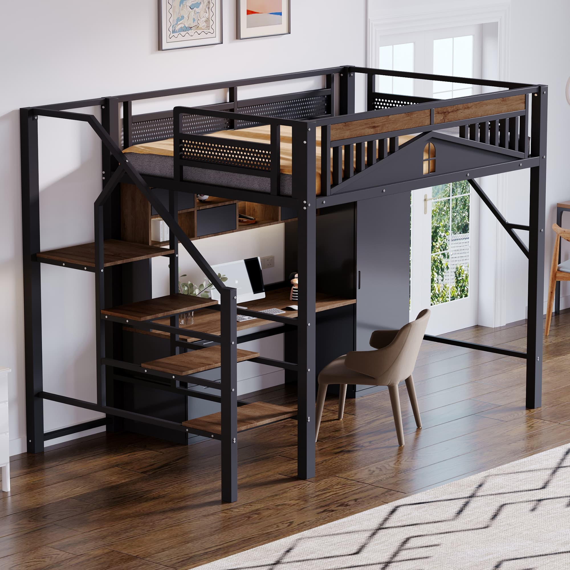 Metall-Hochbett 140x200 cm Hausform Schwarz