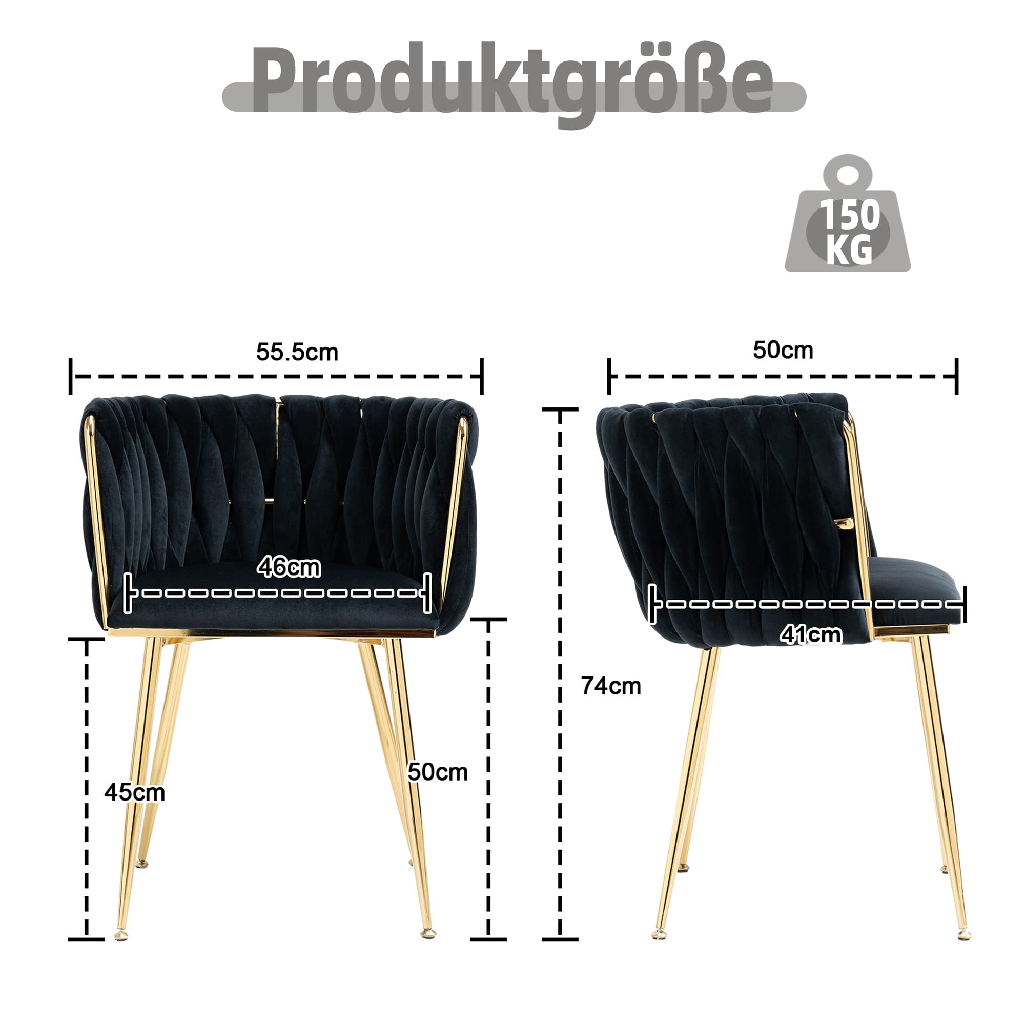 Samt Esszimmerstuhl Set mit goldenen Metallbeinen, 2er-Set