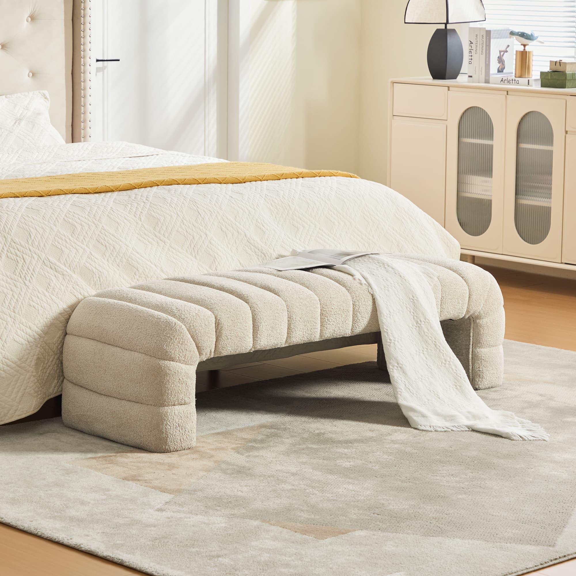 Beige Chenille Polsterbank ohne Armlehnen Rillensteppung