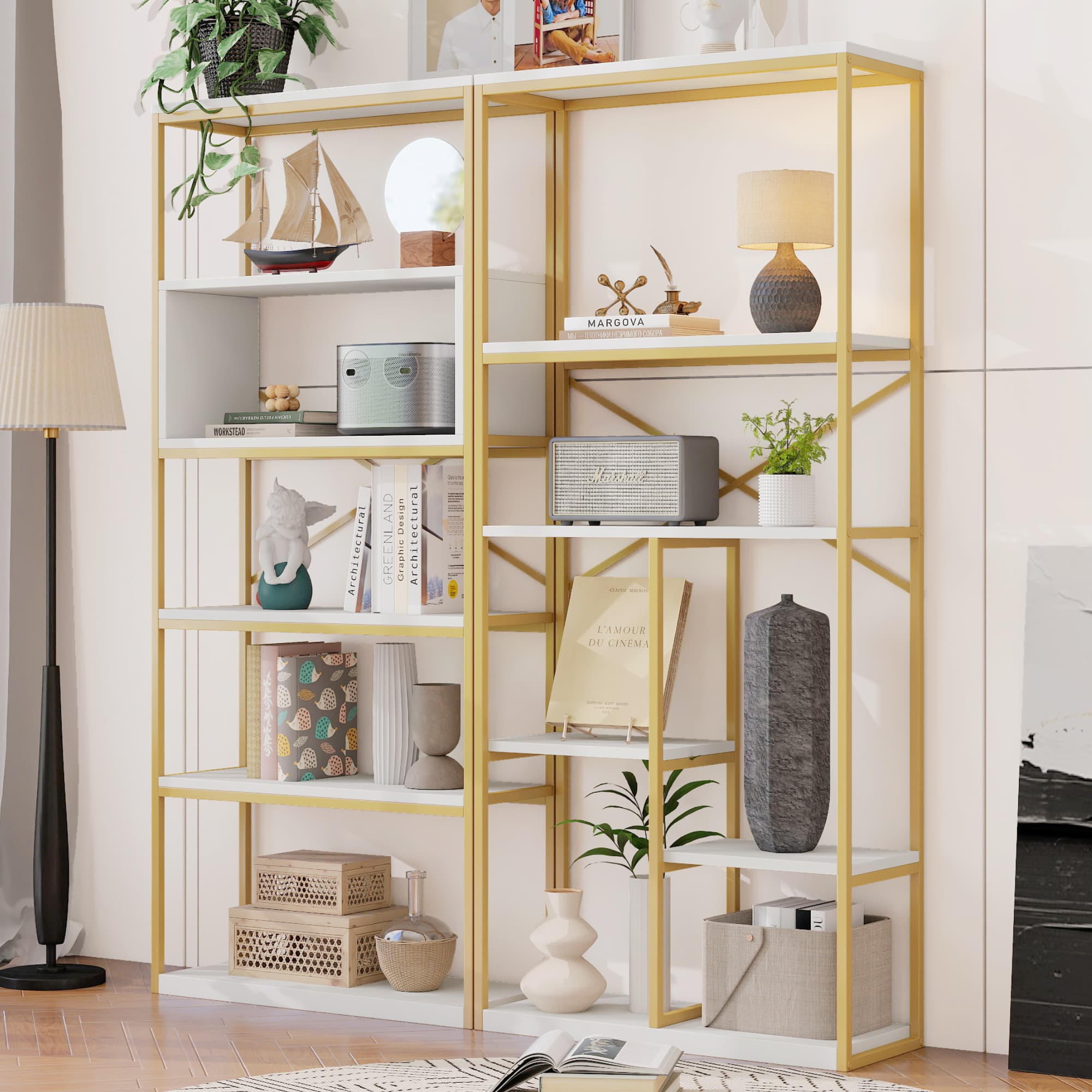 Modernes Minimalistisches Regal aus Stahl und MDF, Gold-Weiß