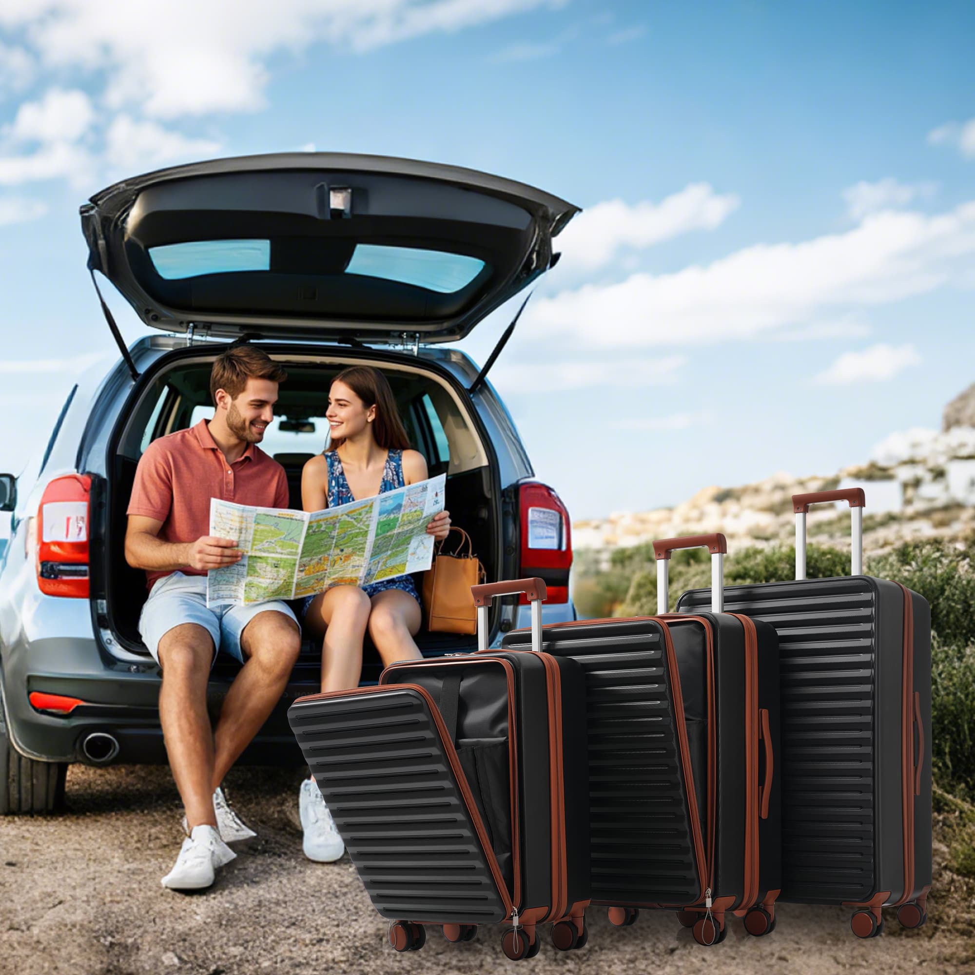 Three-Piece Luggage Set - Innovative Front-opening Design  Foldable Cup Holders, ABS Material, TSA Lock, 360 Wheels, Suitable For M  20 Inches , L  24