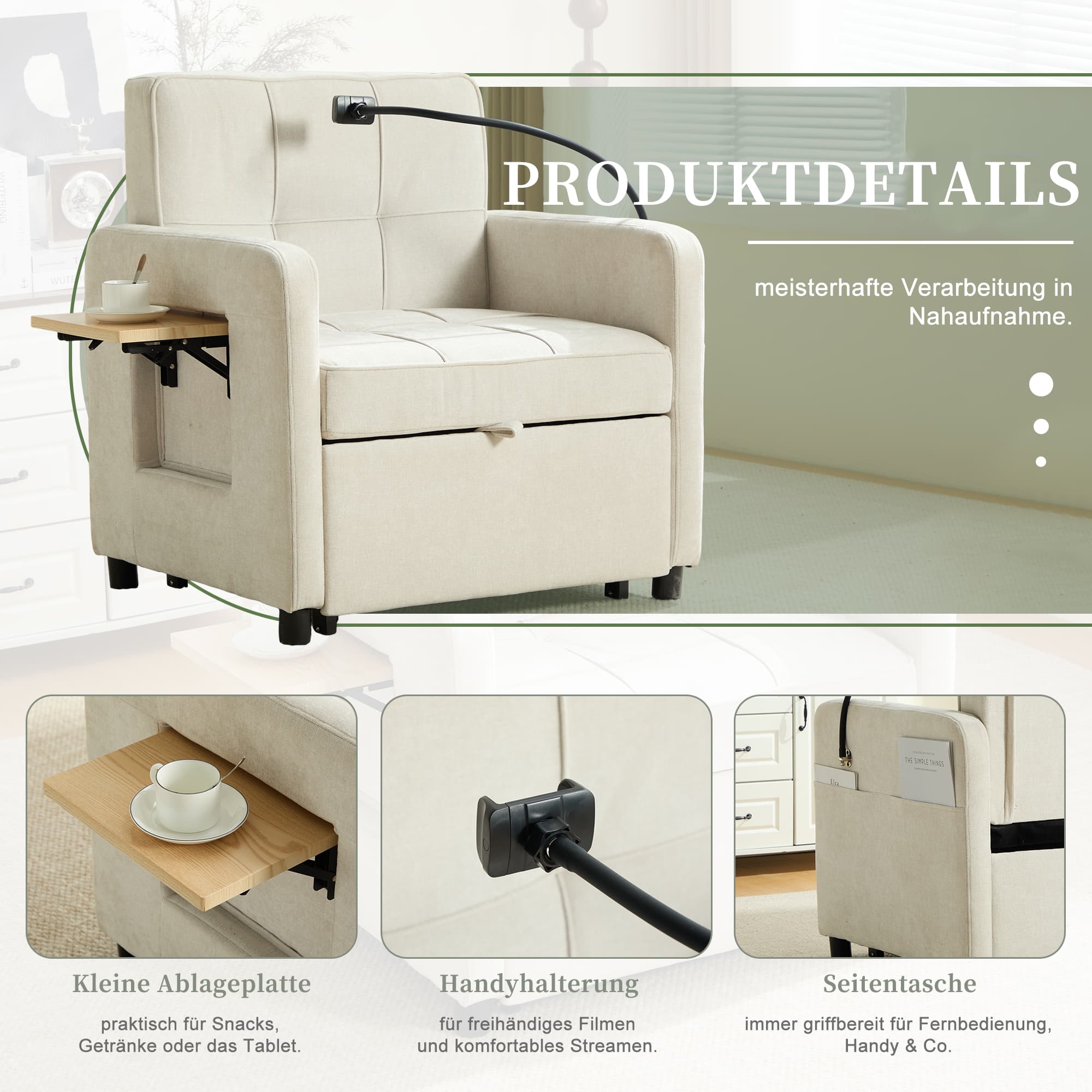 2-in-1 Schlafsofa Sessel mit Kissen & Seitentaschen