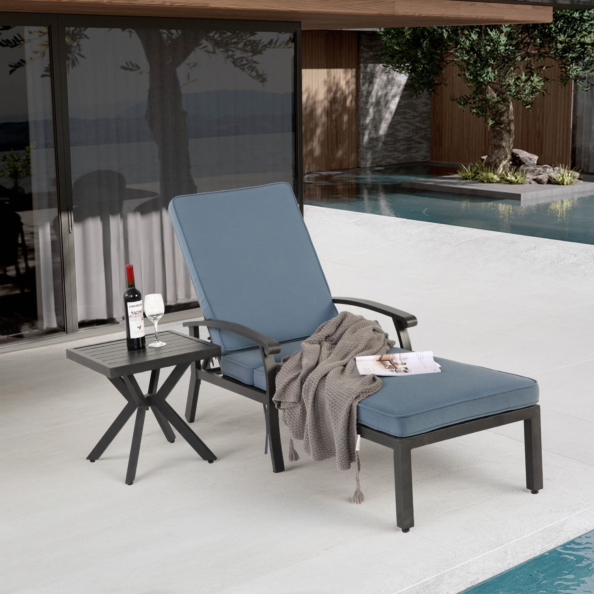 Sdraio con cuscino in cotone, regolabile, alluminio, blu