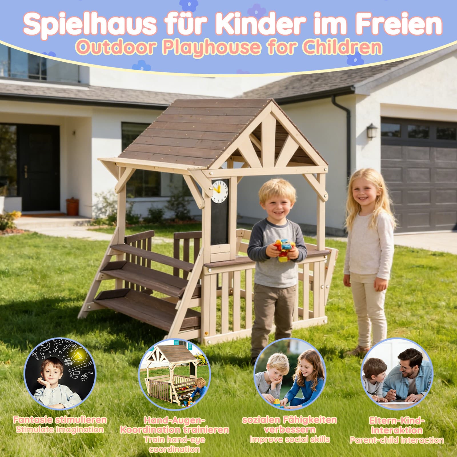 Holz-Kinderküche mit Hausform, regendichtem Dach und halber Höhe
