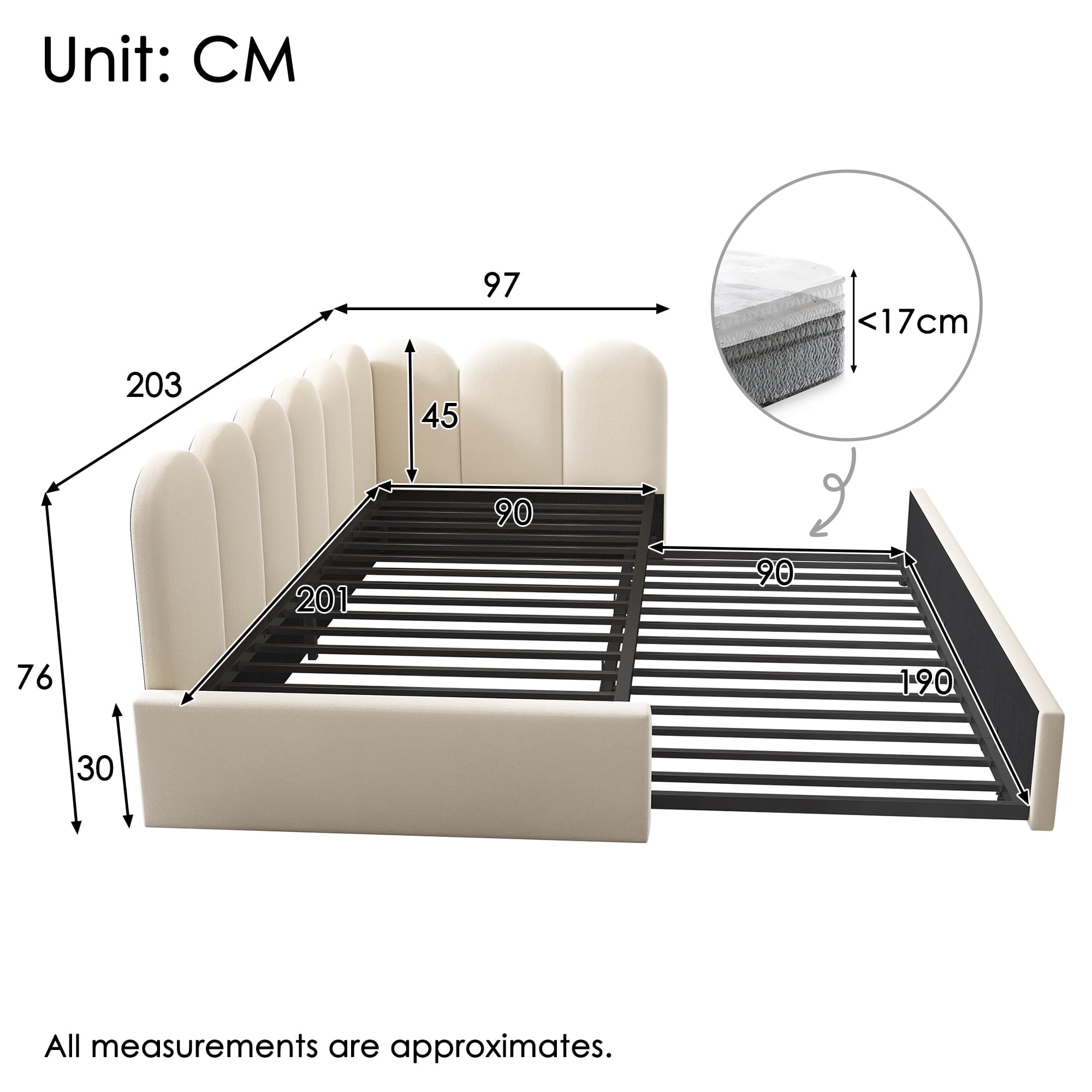 Gepolstertes Bett Daybed 90x200 cm Ausziehfunktion