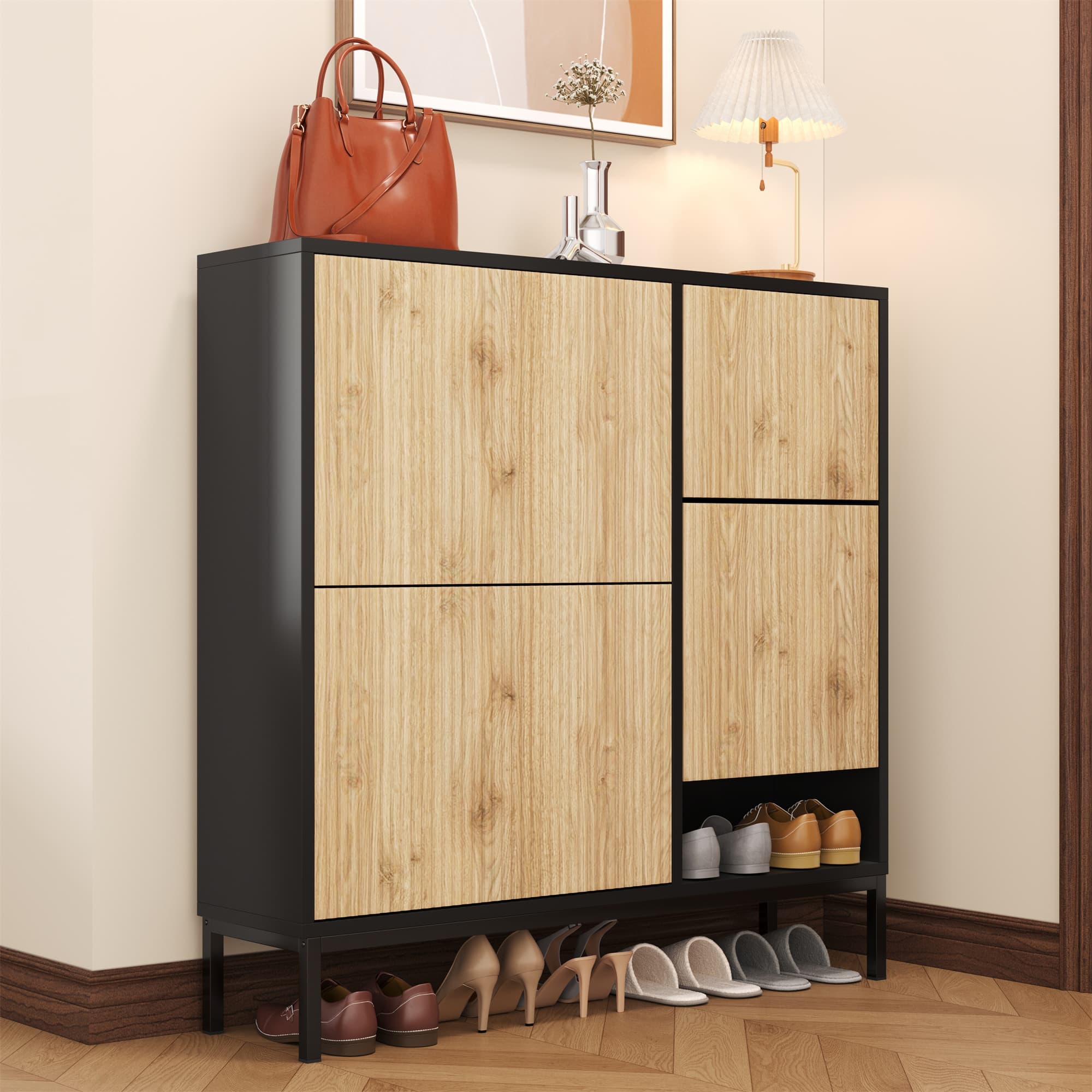 Schuhschrank mit Sitzbank und drei Klappen