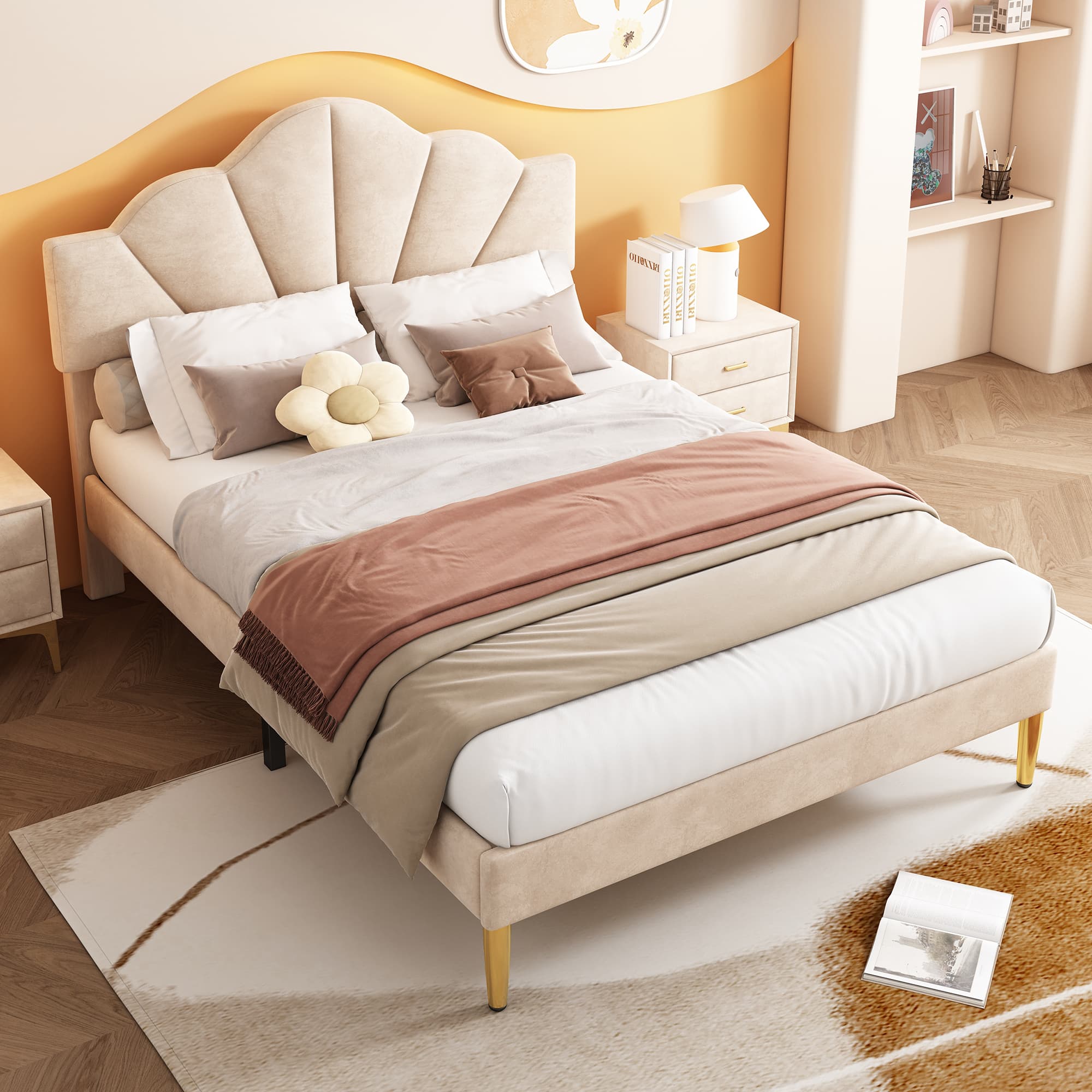 Samtgepolstertes Doppelbett 140x190 cm in Beige