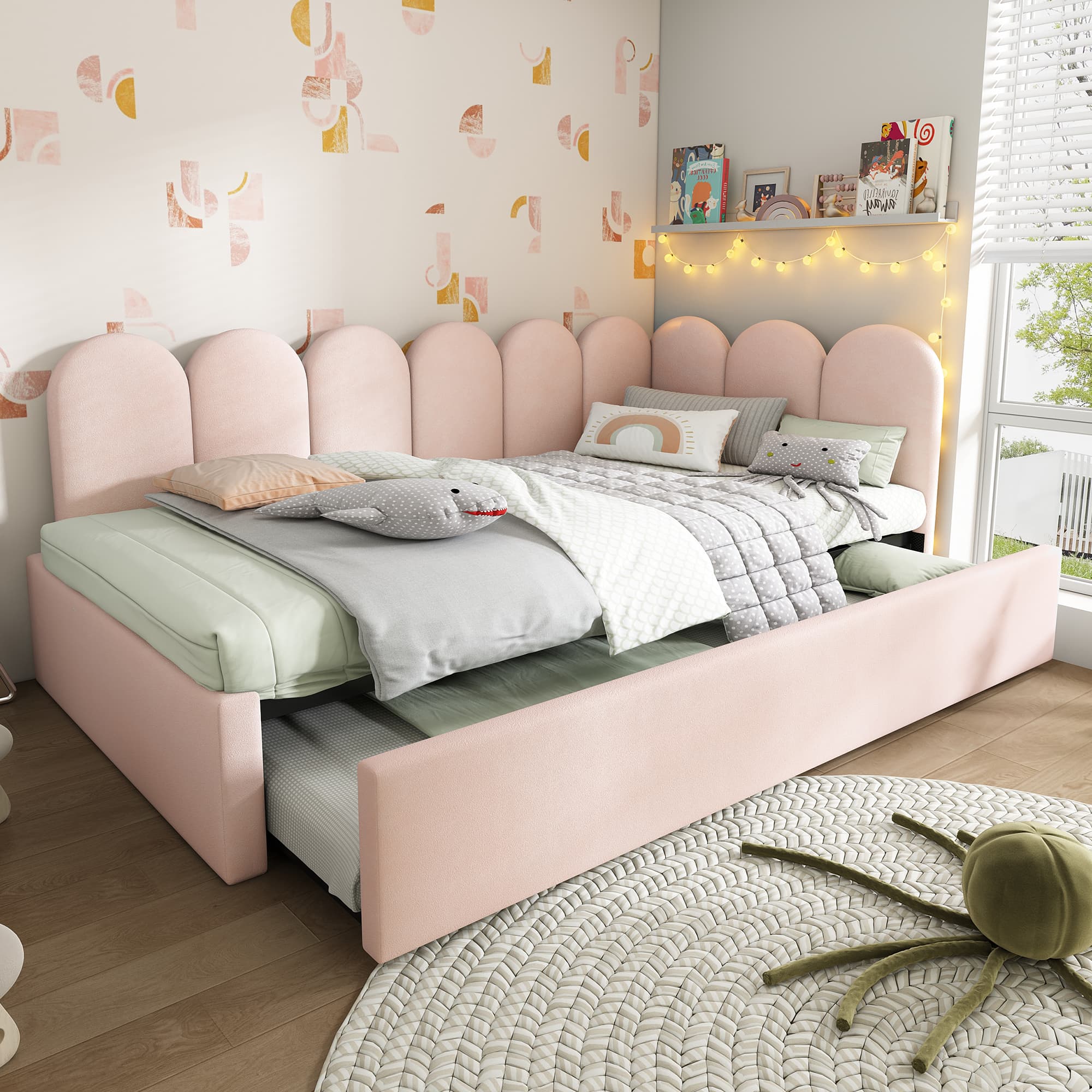 Gepolstertes Tagesbett mit Ausziehfunktion in Rosa