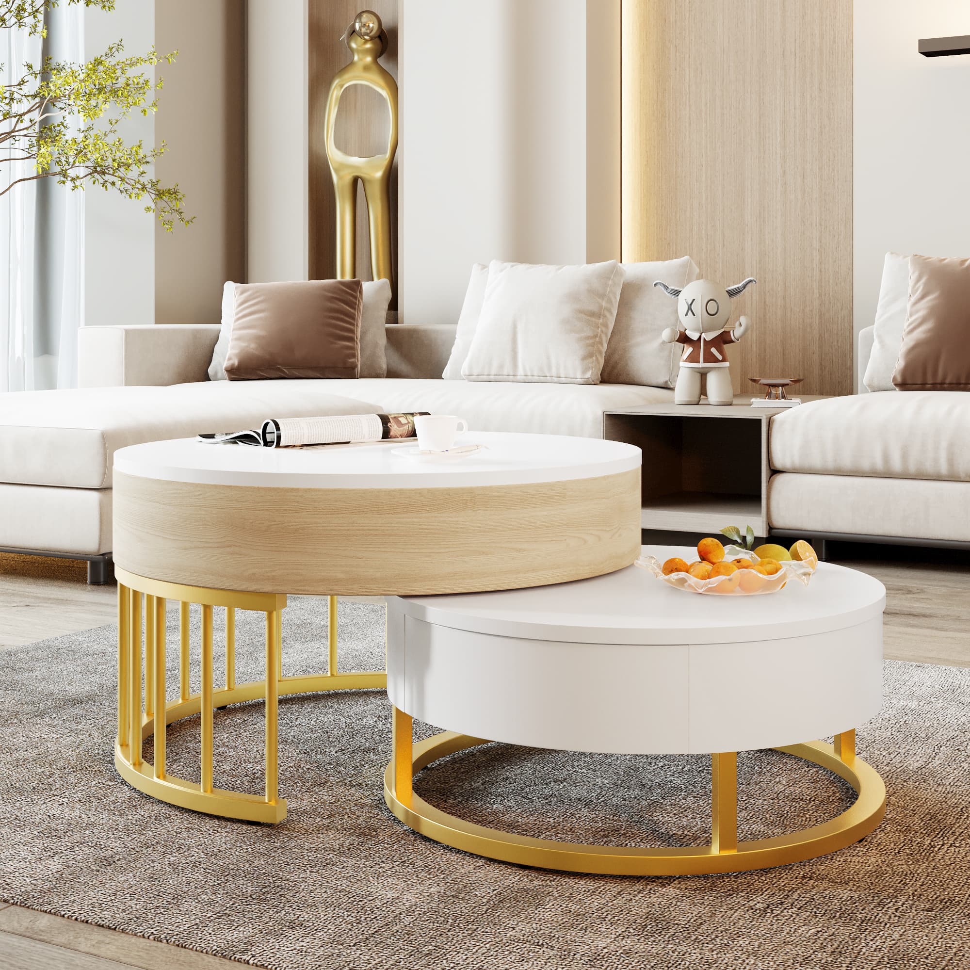 Runder Couchtisch mit verstellbarer Platte und Schublade