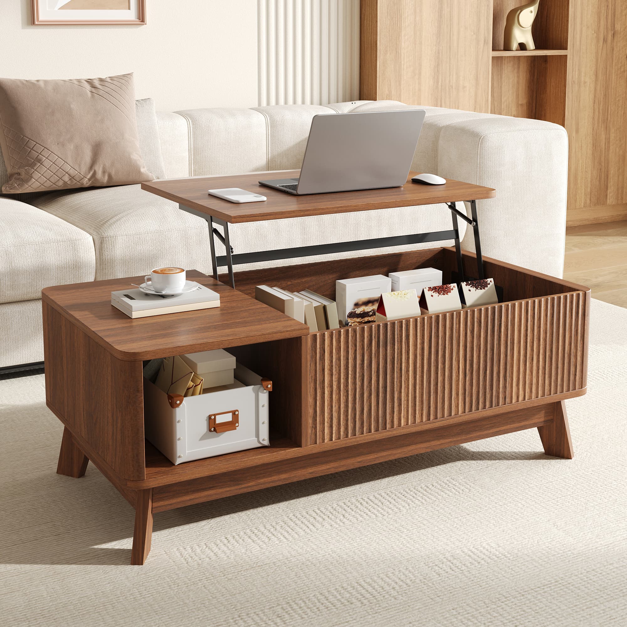 Couchtisch mit Hubfunktion und Wellenoptik