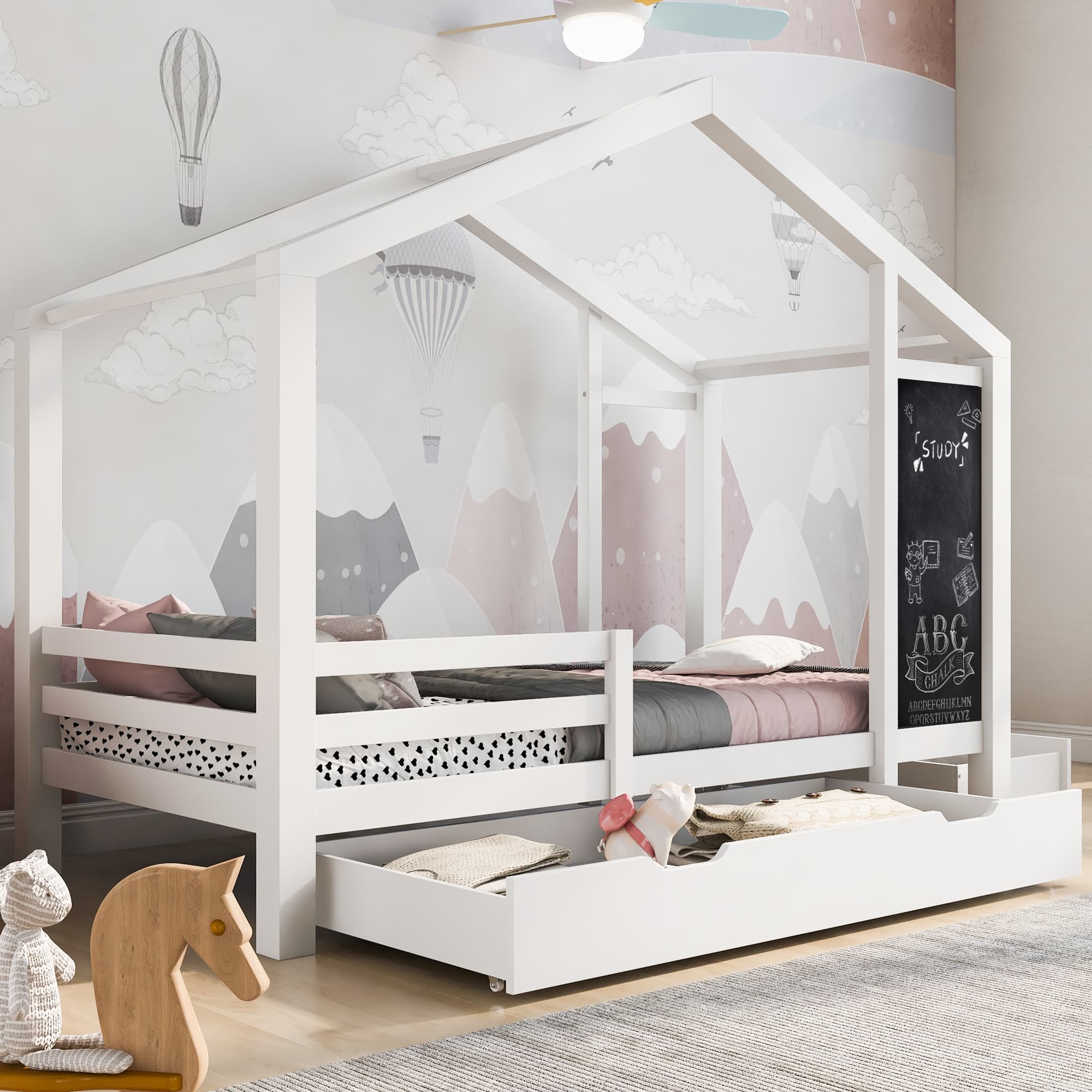 Kinderbett Hausbett 90 x 200 cm aus Holz mit Tafel