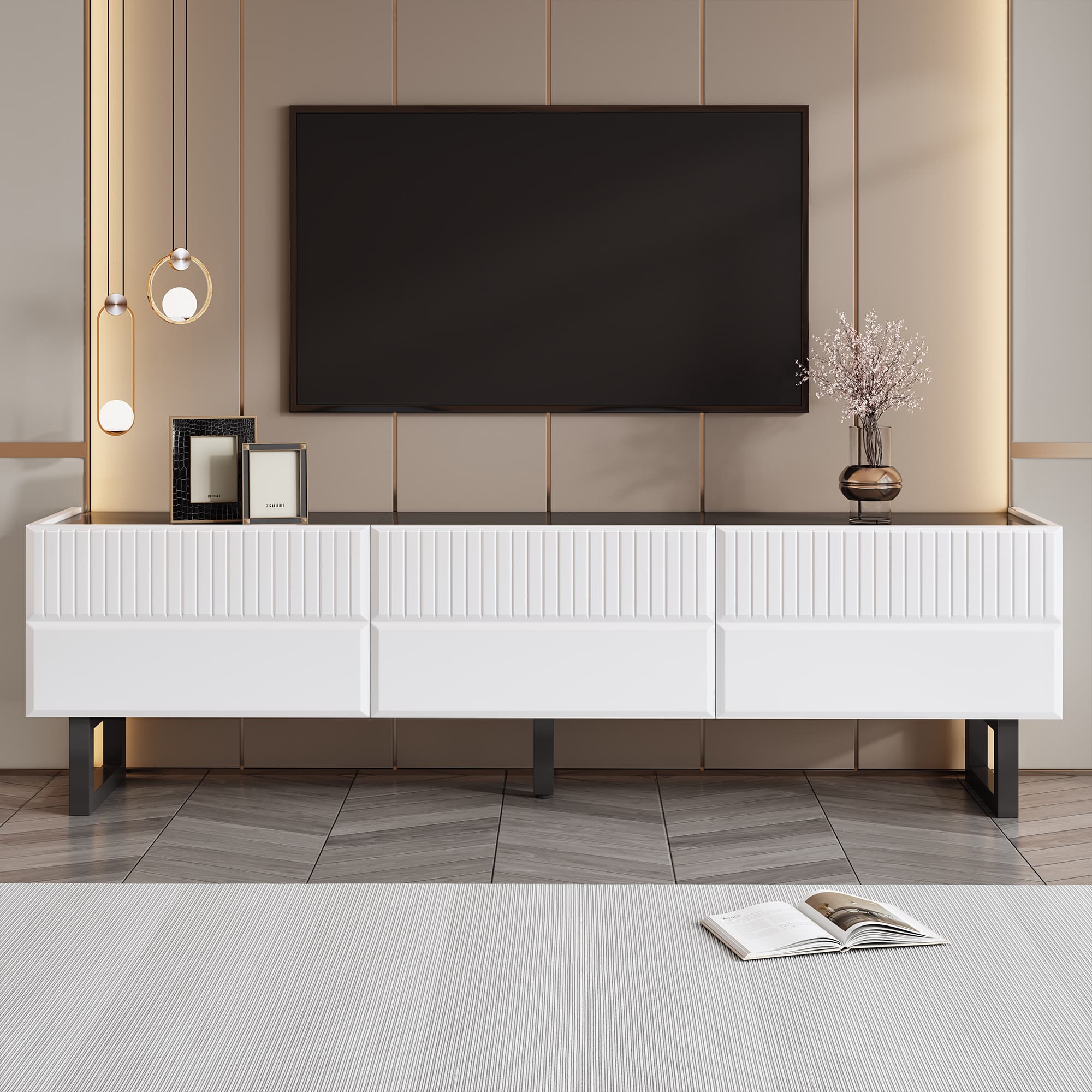 TV-Stand mit drei Schubladen, niedrig, Schwarz-Weiß