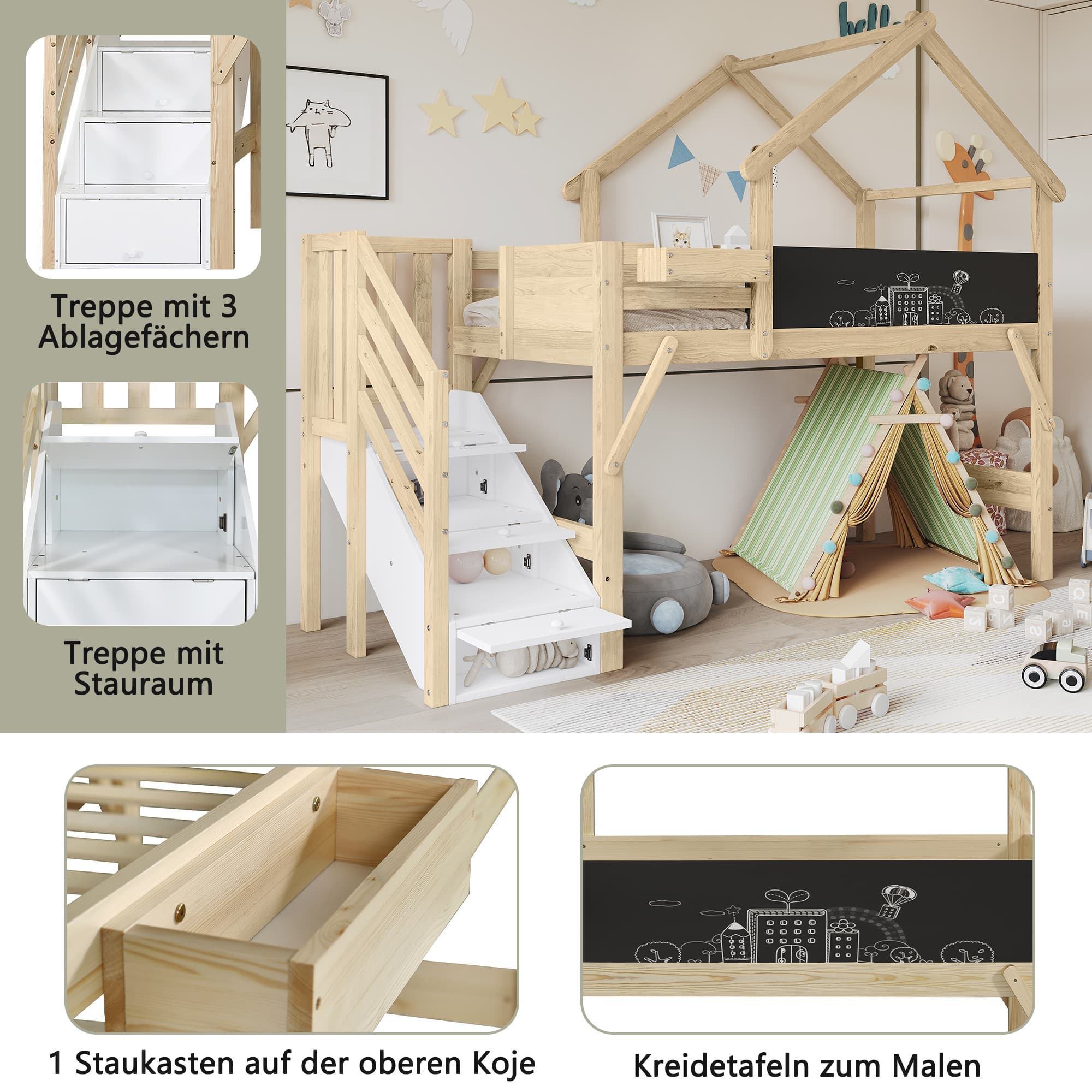 Kinderbett 90x200 cm mit Rutsche, Dach und Stauraumtreppe