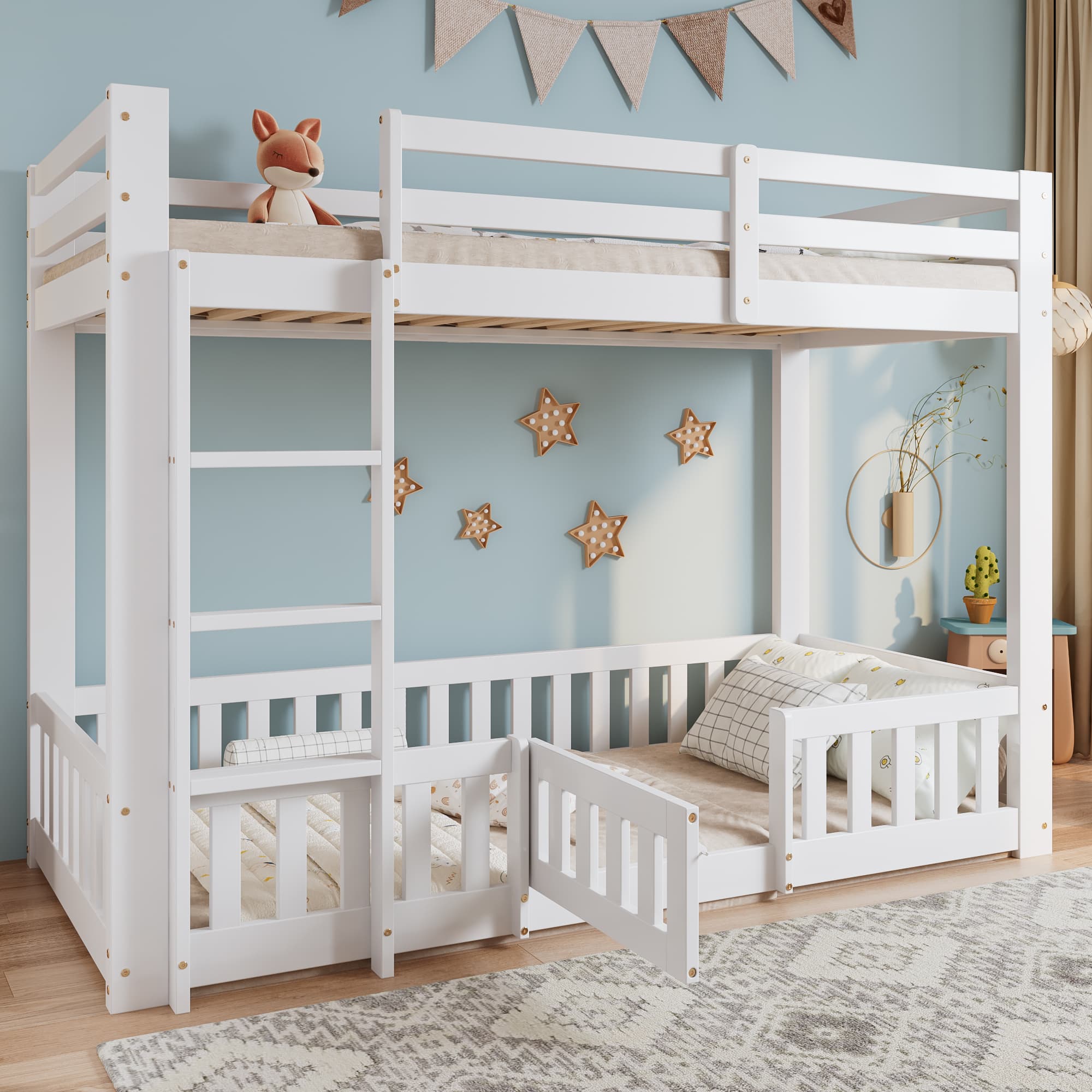 Letto a castello in pino e LVL, bianco, 90x200 cm, con scala e porta