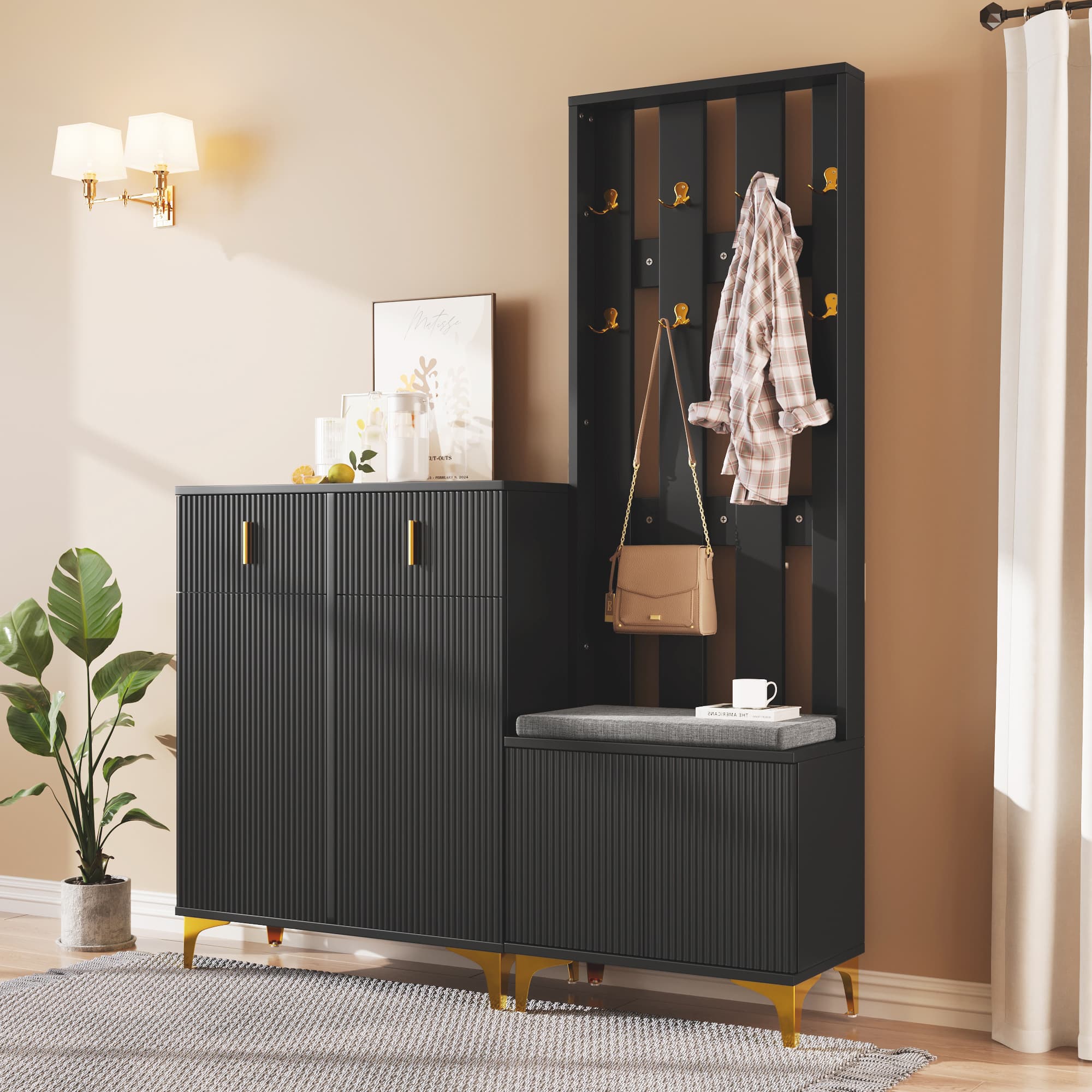 Garderobenset mit Bank, Hakenleiste und Schuhschrank