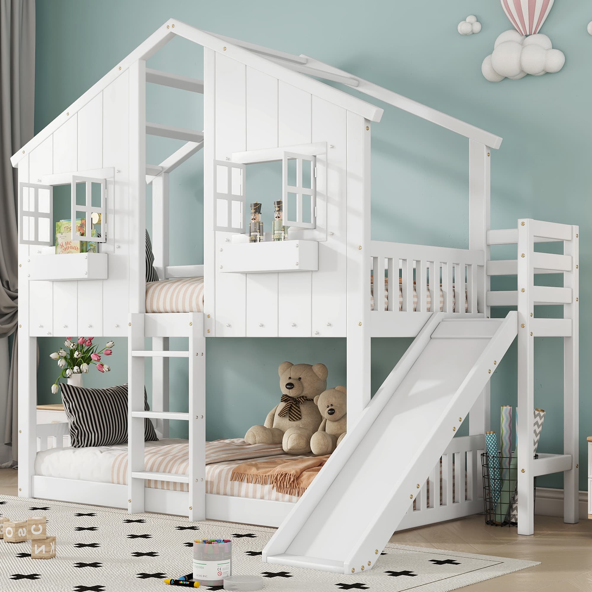 Holz Kinderbett mit Rutsche, Dach & Leiter