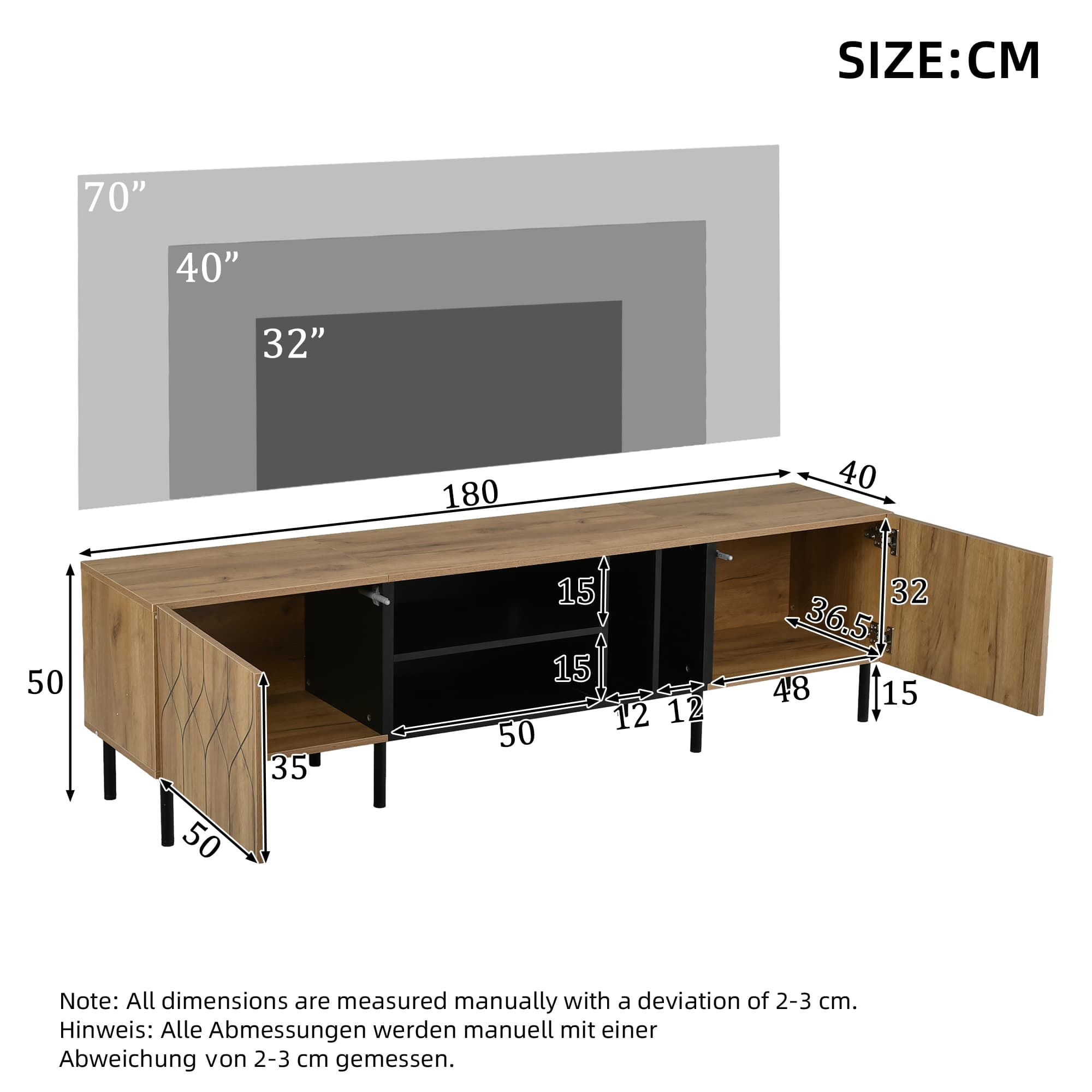 TV-Lowboard 180 cm mit Türen und offenen Fächern
