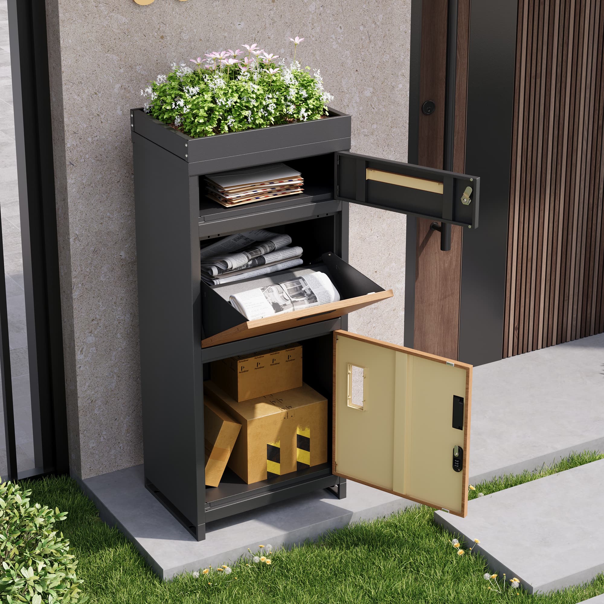 Briefkasten mit Blumenbeet und Zahlenschloss