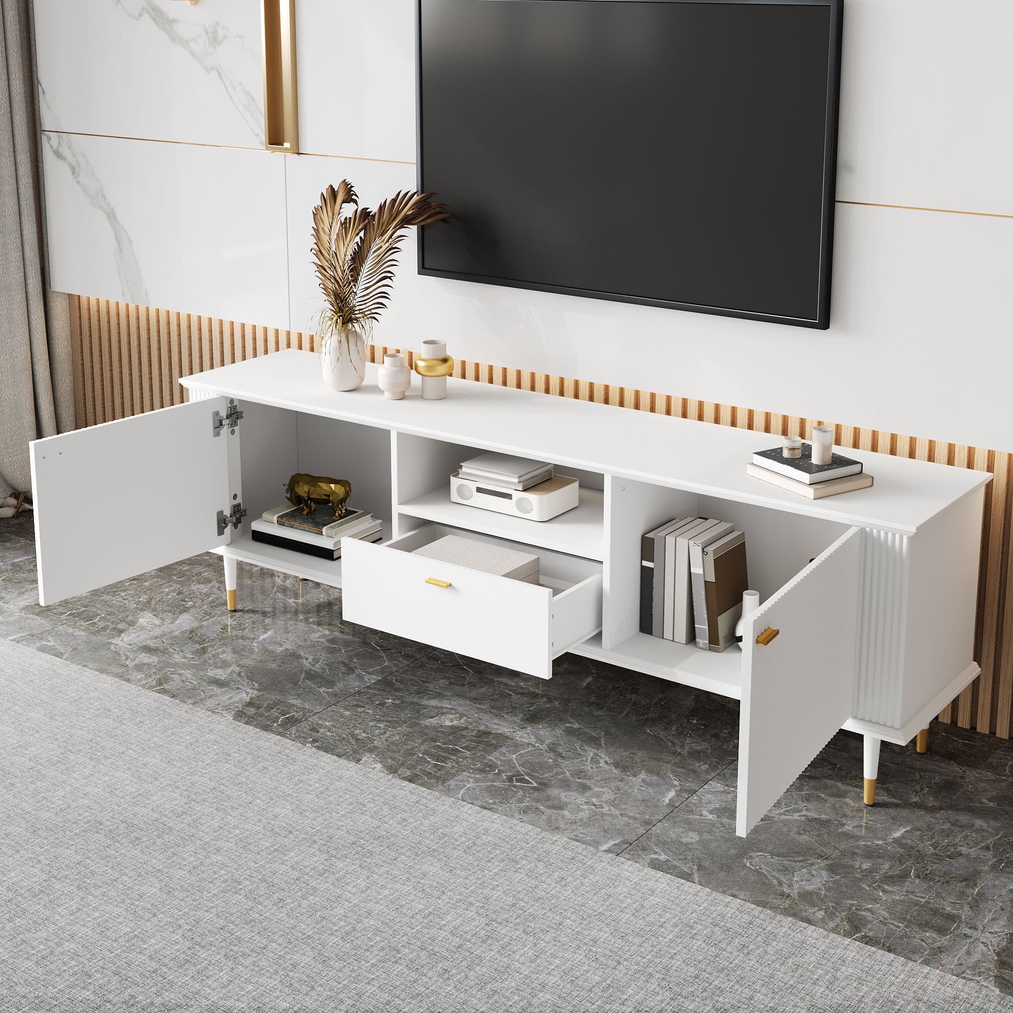 TV-Schrank mit offenen Fächern und Schubladen