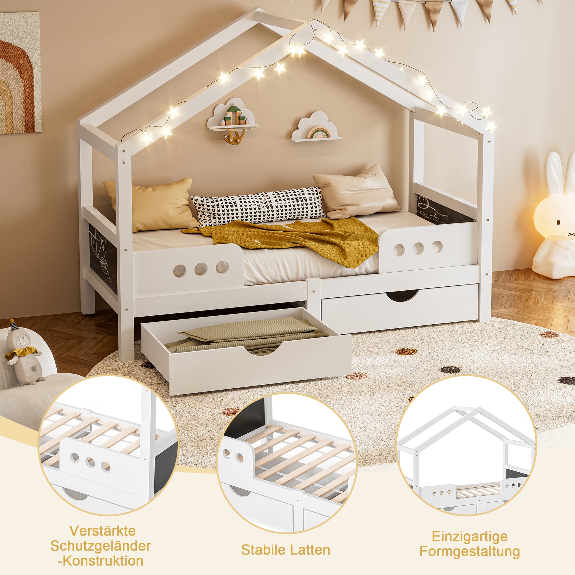 Kinderbett mit Dachdesign, 2 Schubladen, Holzrahmen