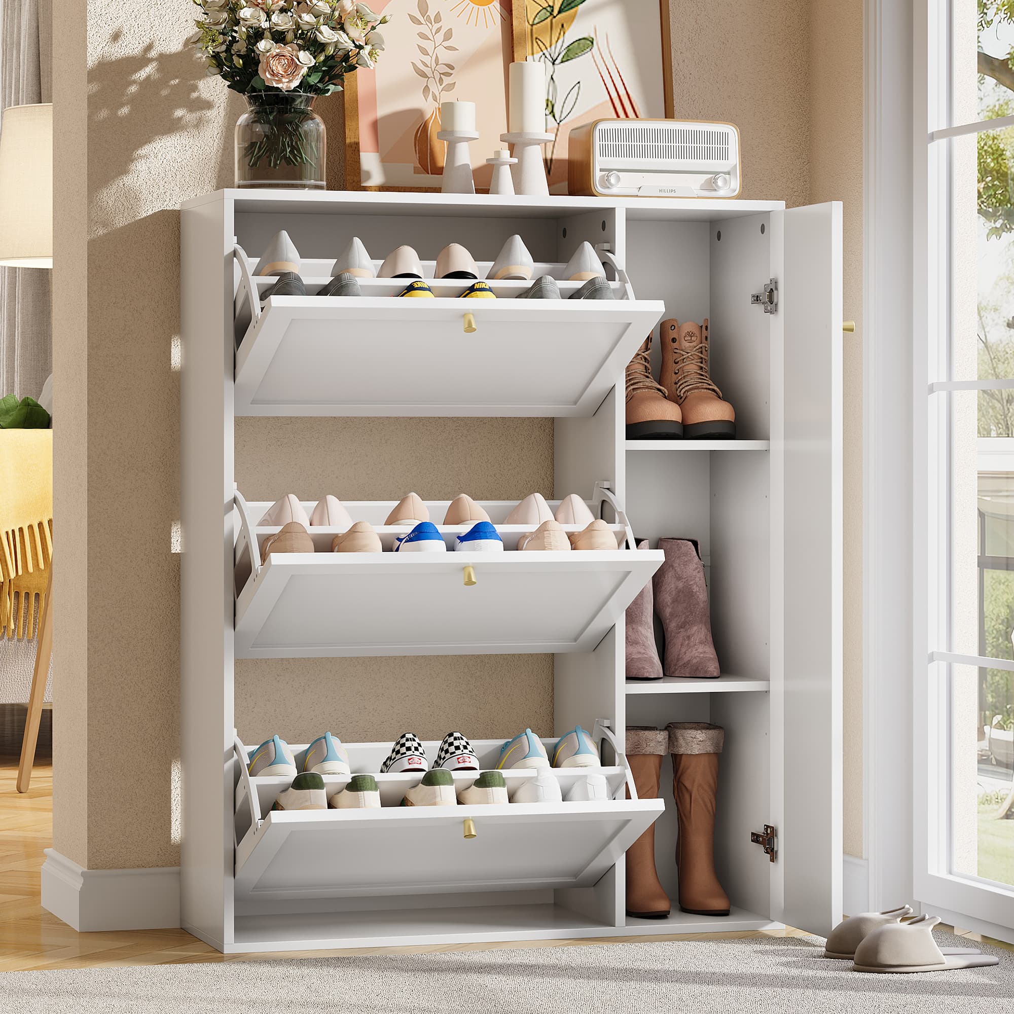 Zapatero con 3 abatibles y 1 puerta, blanco
