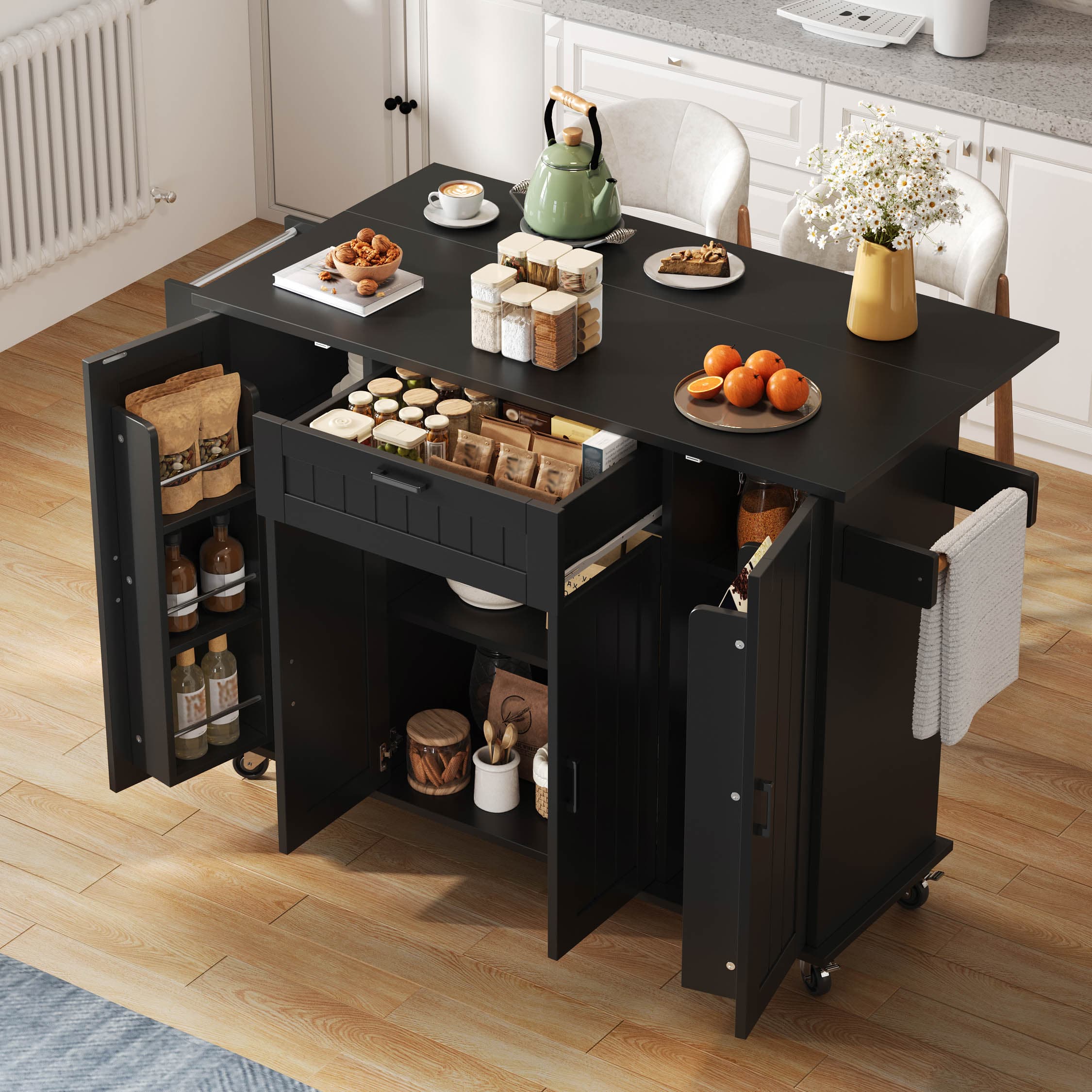 Kücheninsel mit klappbarer Arbeitsplatte, 120×45(70)×95 cm, Schwarz