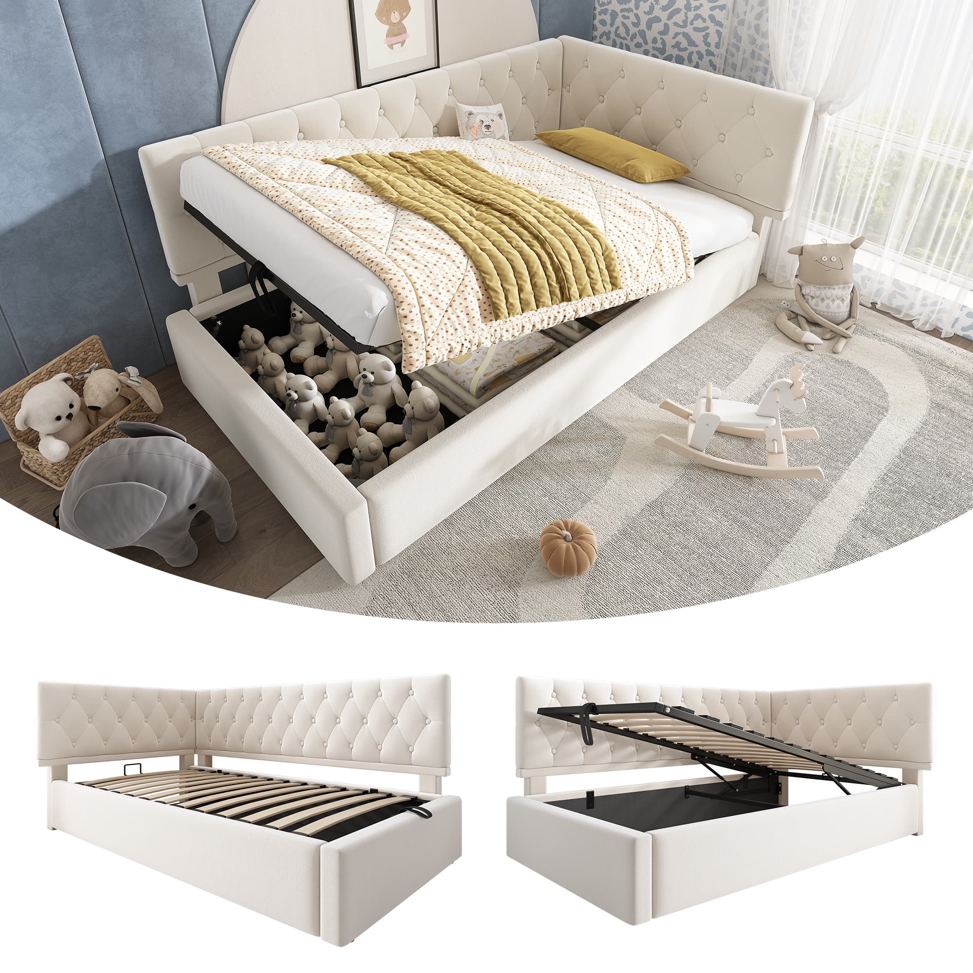 Gepolstertes Bett Daybed 90x200 cm mit Stauraum, Samt Beige